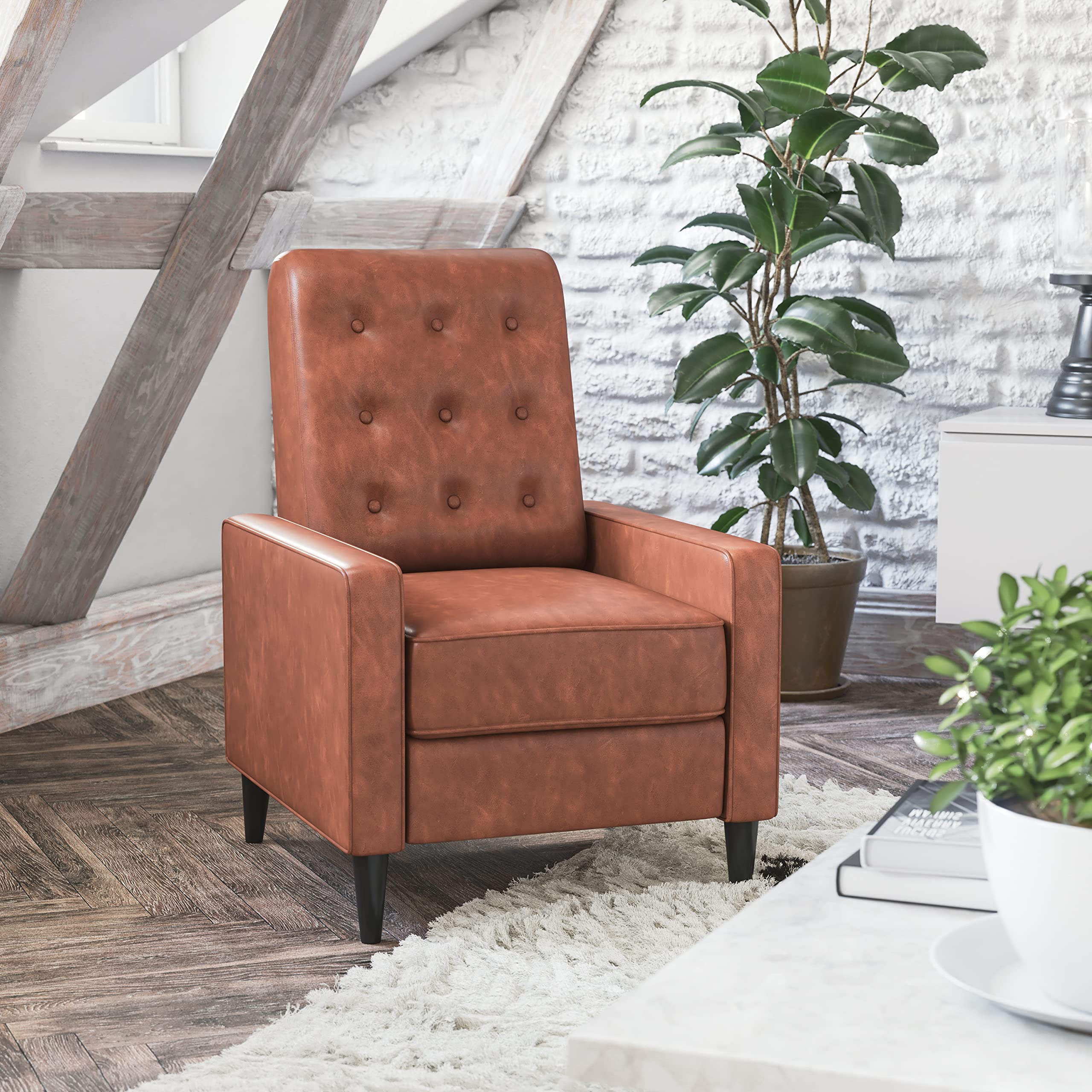 Flash Furniture Erza LeatherSoft Button Tufted Pushback Recliner, Mid-Century Modern Recliner Chair for Residential and Commercial Use, Cognac Brown