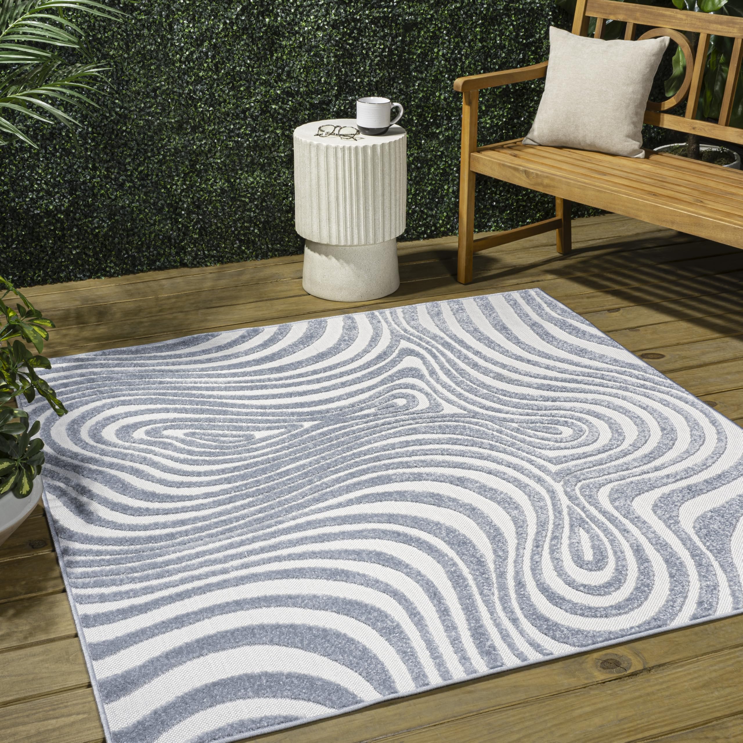 Jonathan Y Scn103C-6Sq Maribo High-Low Abstract Groovy Striped Light Blue/Ivory 6' Square Indoor/Outdoor Area Rug, Pet Friendly,