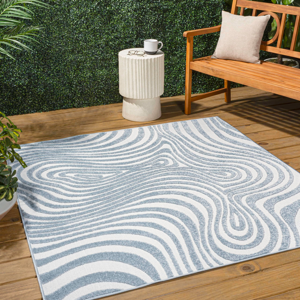 Jonathan Y Scn103C-7Sq Maribo High-Low Abstract Groovy Striped Light Blue/Ivory 7' Square Indoor/Outdoor Area Rug, Pet Friendly,
