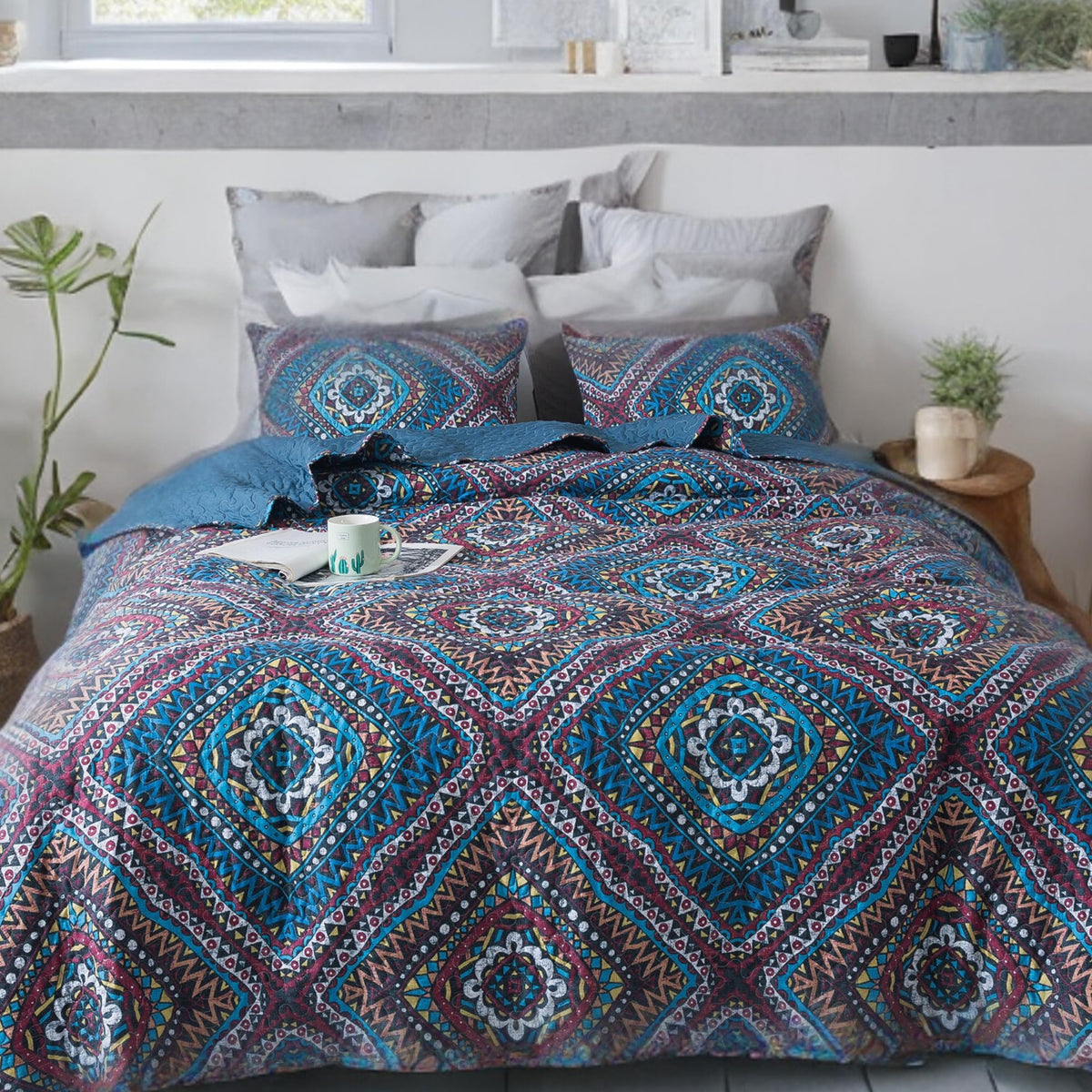 Dada Bedding Ethnic Tribal Dark Navy Blue Bedspread Set Bohemian Native Geometric Diamond Patterns Quilted Coverlet Quilt Set -
