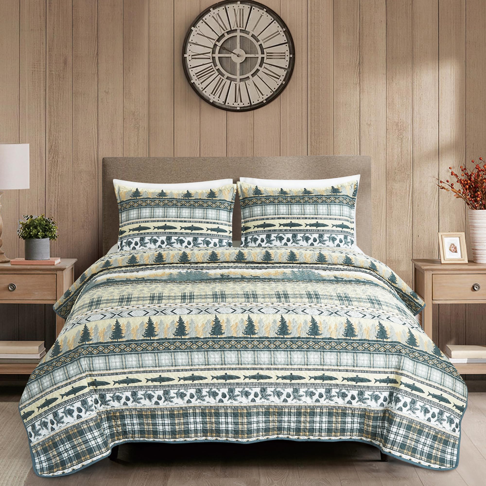 Chezmoi Collection Lake 3-Piece Lodge Quilt Set King - Multicolor Pine Tree Fish Deer Explorer Mountain Printed Microfiber Light