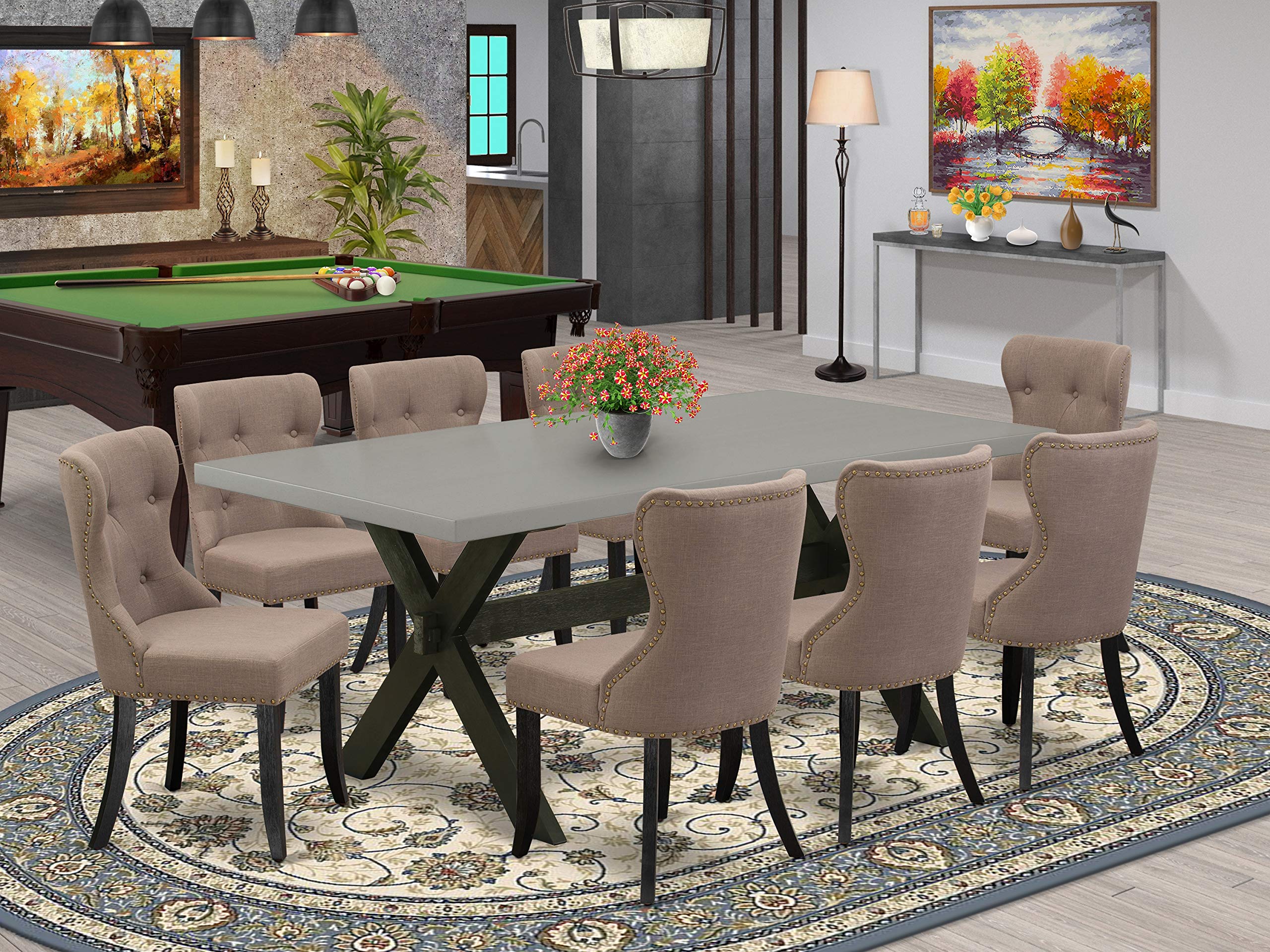 East West Furniture X697Si648-9 9 Piece Kitchen Table & Chairs Set Includes A Rectangle Dining Table With X-Legs And 8 Coffee Linen Fabric Parson Dining Chairs, 40X72 Inch, Multi-Color