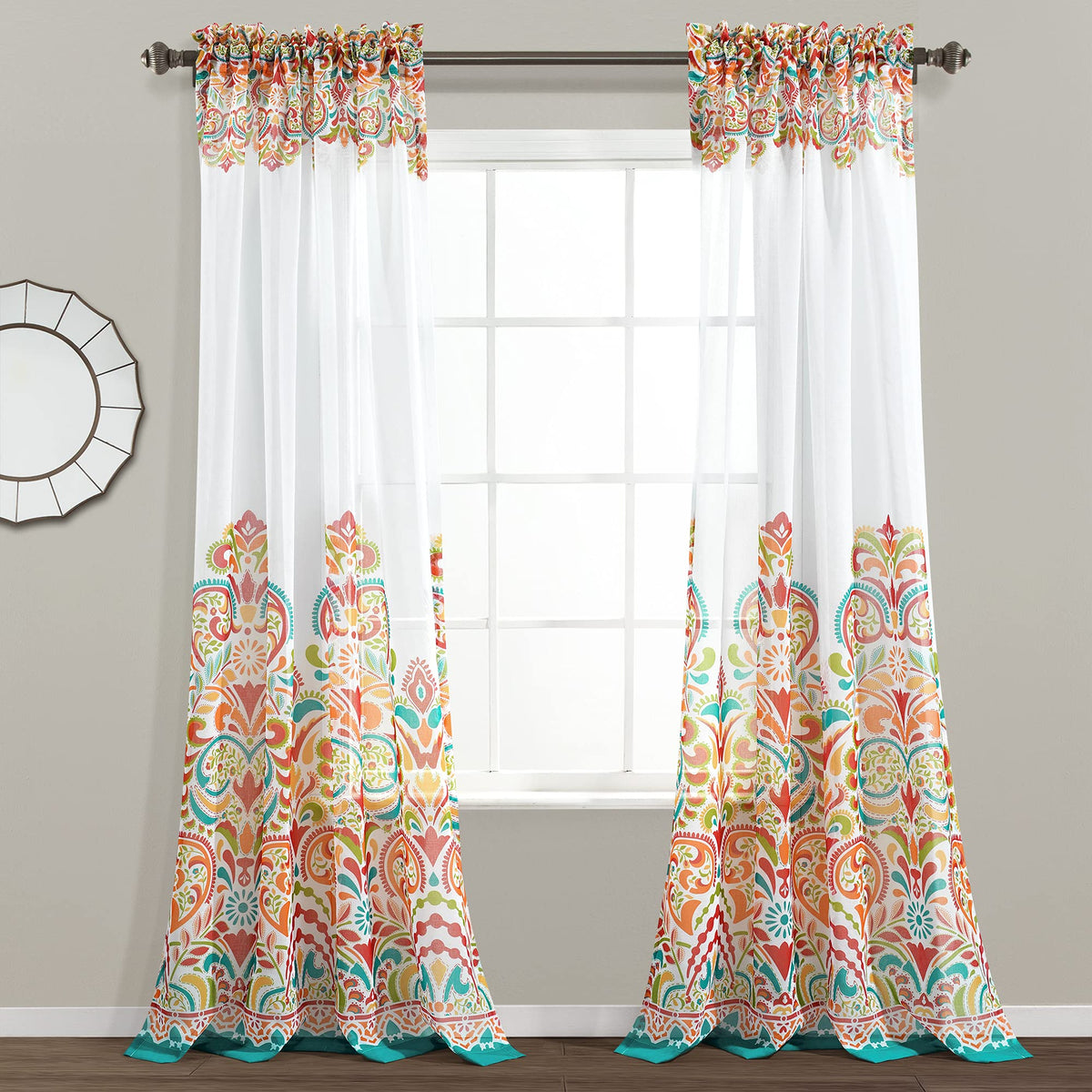 Lush Decor Clara Sheer Window Curtain Panel Pair, 84 Long x 38 Wide, Turquoise & Tangerine