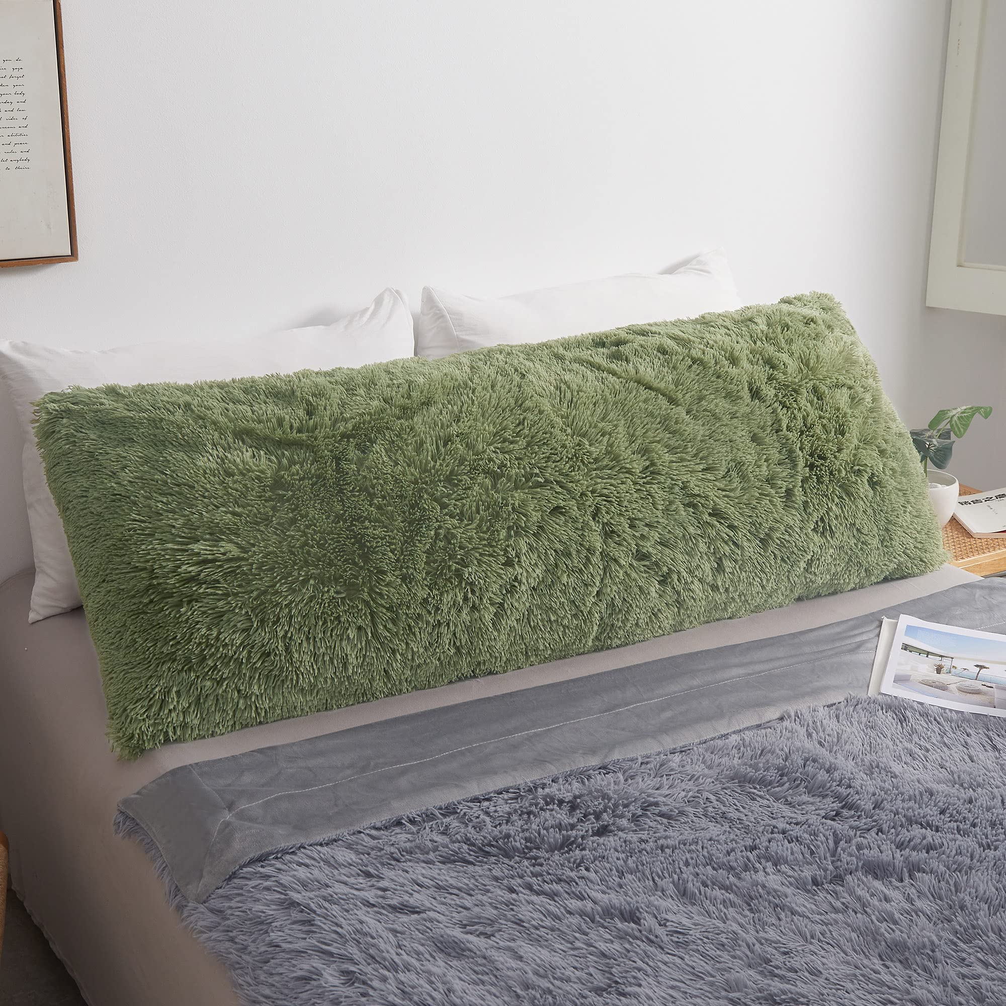 MEGO Fluffy Body Pillow Cover, 20x54 Shaggy Faux Fur Body Pillow Case, Green Comfy Plush Fuzzy Body Pillowcase, Furry Long Throw