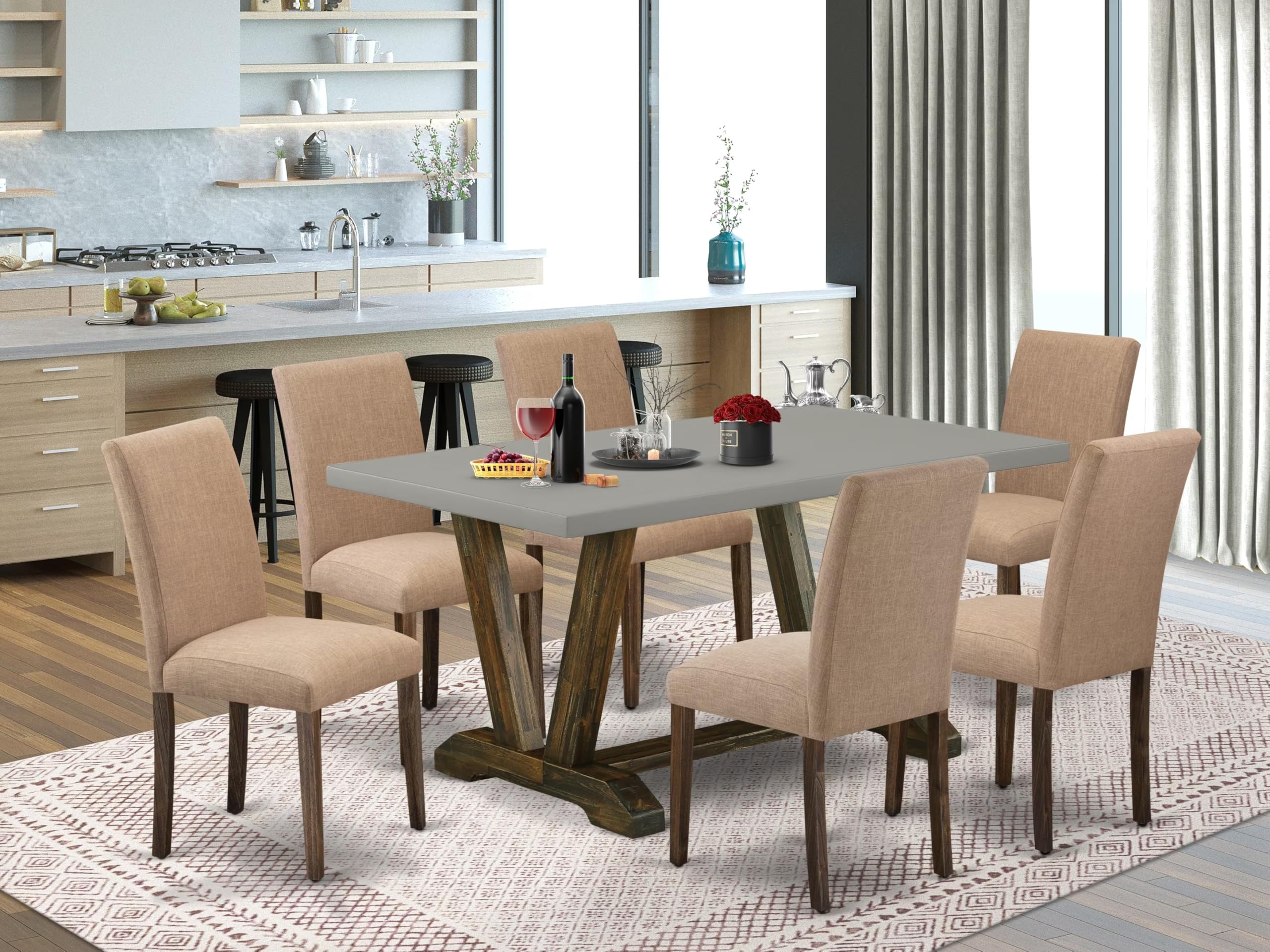 East West Furniture V796Ab747-7 7 Piece Kitchen Table Set Consist Of A Rectangle Dining Table With V-Legs And 6 Light Sable Linen Fabric Parson Dining Chairs, 36X60 Inch, Multi-Color