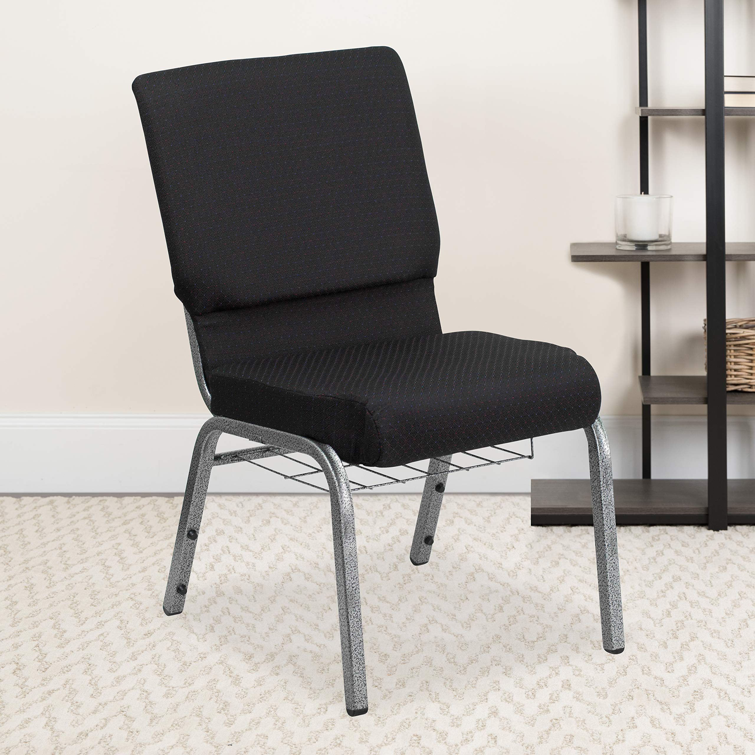 Flash Furniture HERCULES Series 18.5''W Church Chair in Black Patterned Fabric with Cup Book Rack - Silver Vein Frame