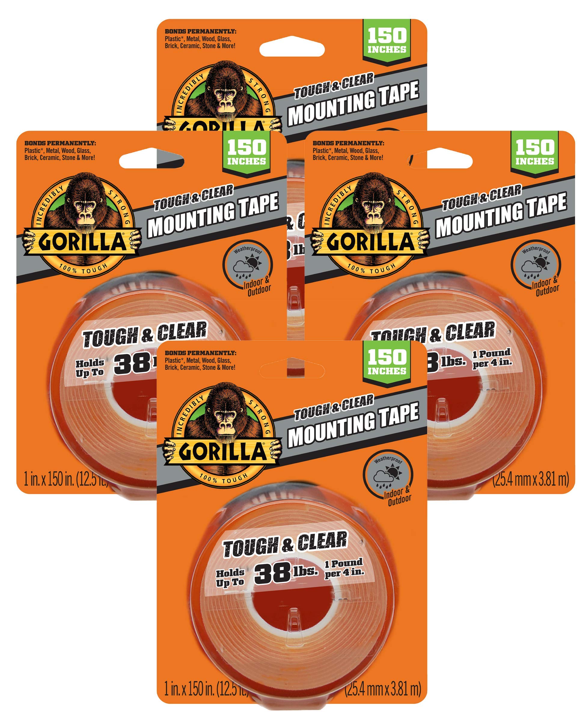 Gorilla Tough & Clear Double Sided Adhesive Mounting Tape, Extra Large, 1' X 150', Clear, (Pack Of 4)