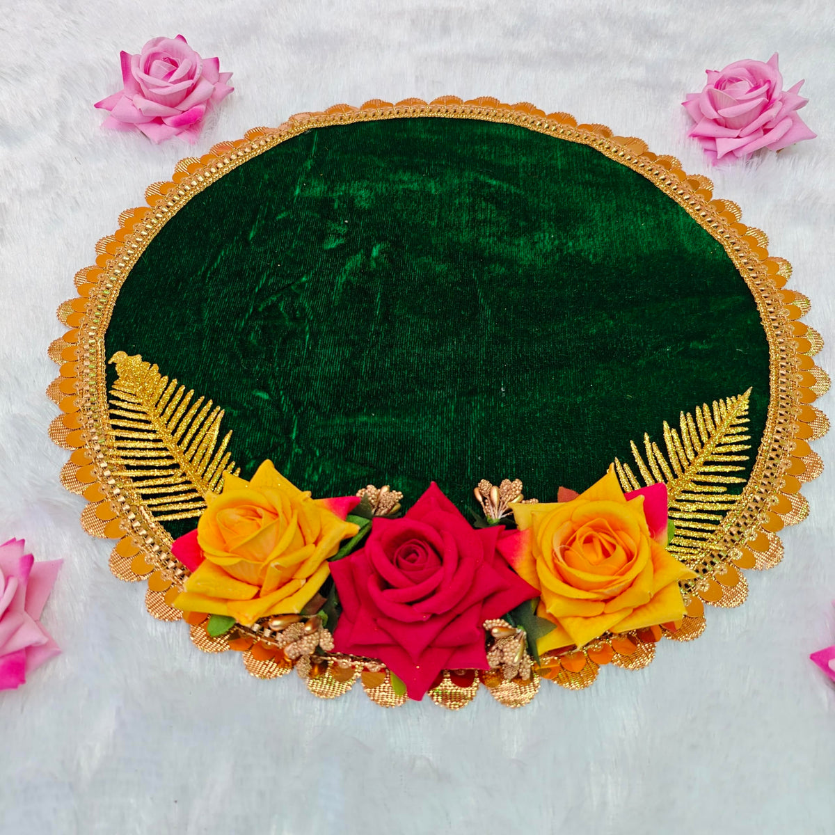 Decorative Mehndi Plate with Floral Design, Green Velvet, Gold Scalloped Border, for Wedding Ceremony and Home Decor