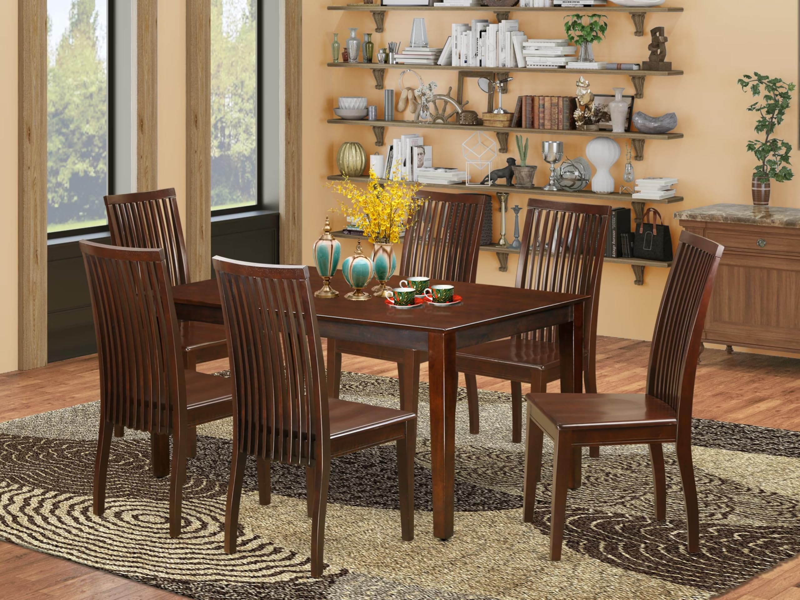 East West Furniture Caip7-Mah-W 7 Piece Kitchen Table & Chairs Set Consist Of A Rectangle Dining Table And 6 Dining Room Chairs, 36X60 Inch, Mahogany
