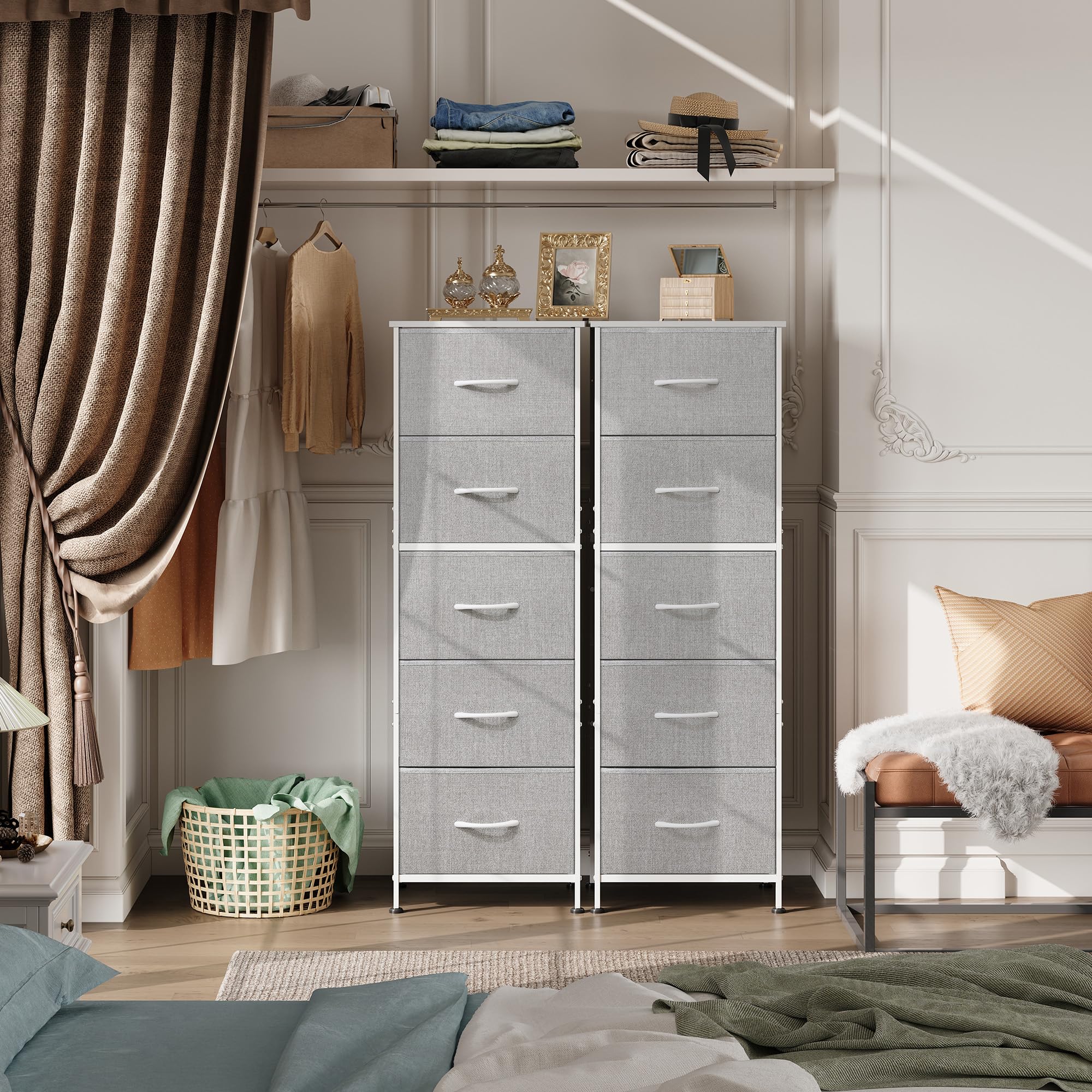 Wlive Fabric Dresser, 5-Drawer Tall Dresser For Bedroom, Storage Dresser Organizer With Fabric Bins, Wood Top, Sturdy Steel Frame, Chest Of Drawers For Closet, Hallway, Light Grey
