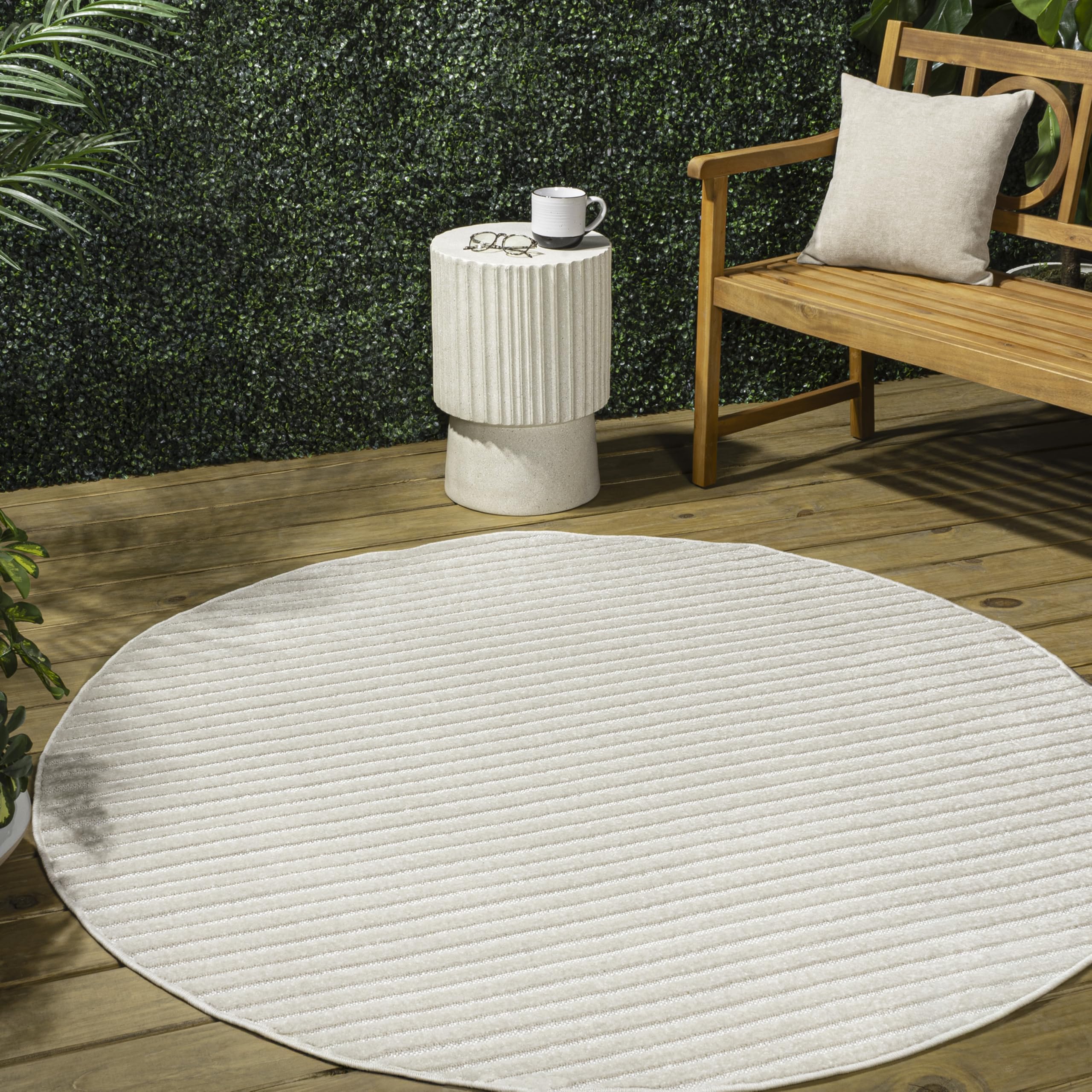 Jonathan Y Scn102B-5R Aarhus High-Low Minimalist Scandi Striped Ivory/Cream 5' Round Indoor/Outdoor Area Rug, Pet Friendly, Non-