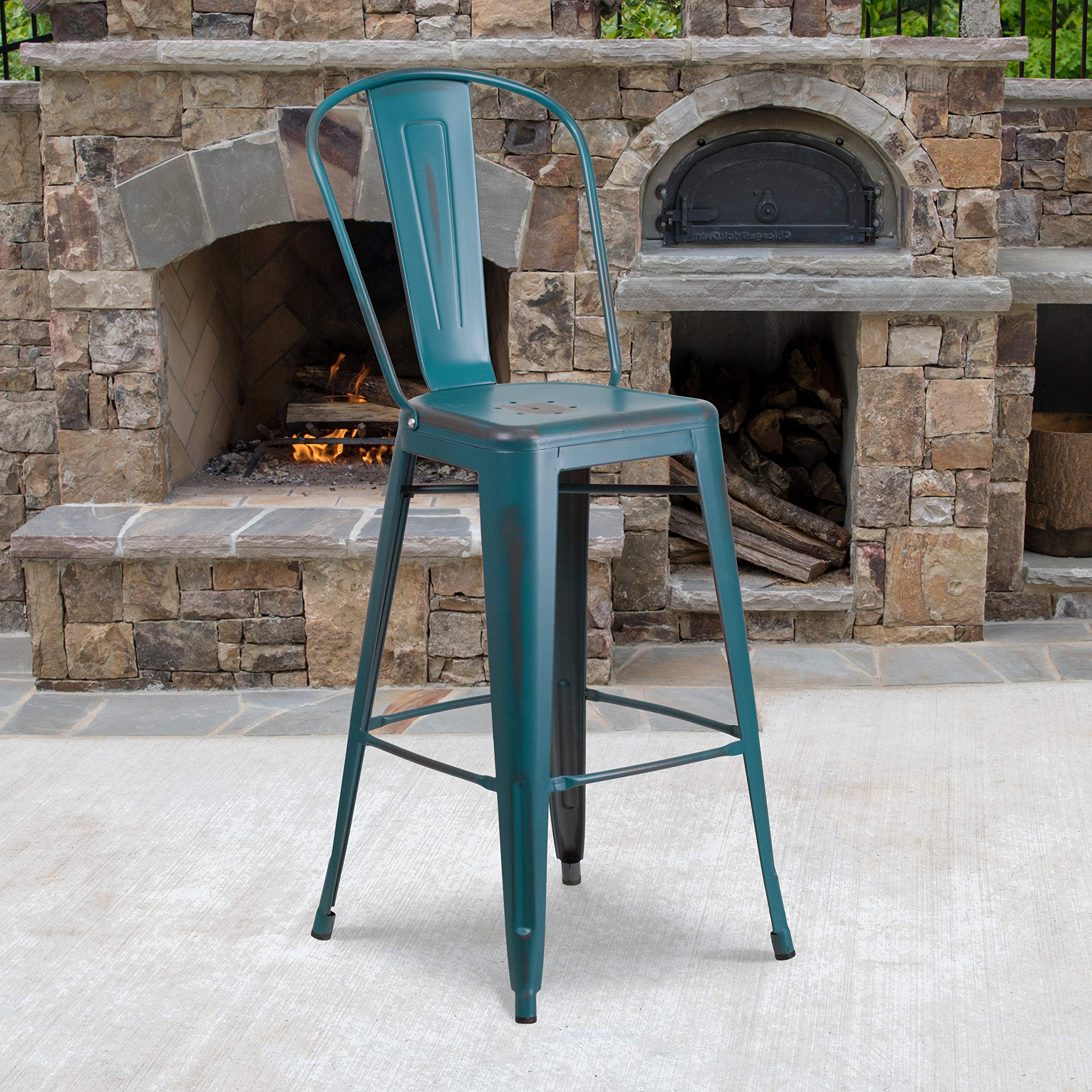 Flash Furniture Commercial Grade 30' High Distressed Kelly Blue-Teal Metal Indoor-Outdoor Barstool With Back