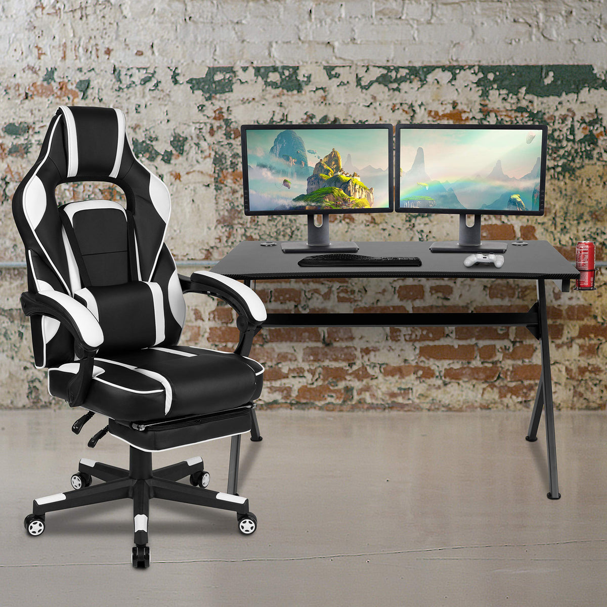 Flash Furniture Black Gaming Desk With Cup Holder/Headphone Hook/2 Wire Management Holes & White Reclining Back/Arms Gaming Chair With Footrest