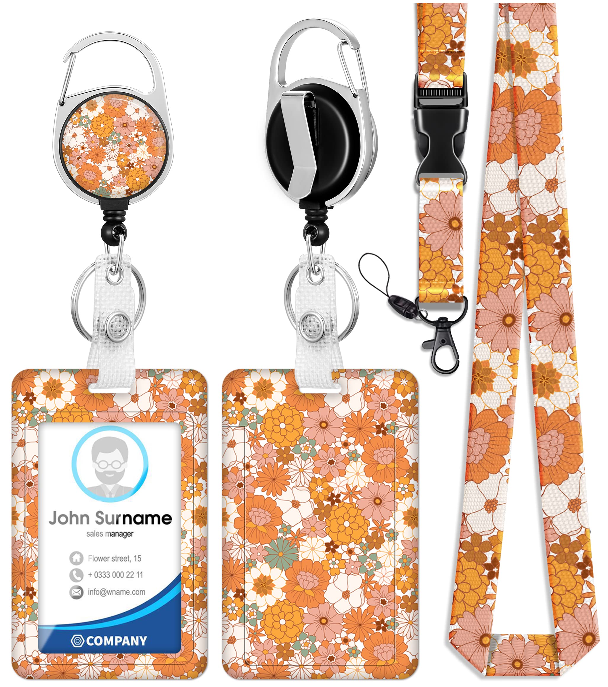Toykee Id Badge Holder With Lanyard And Retractable Badge Reel Clip, Flowers Pattern Retro Floral Card Name Tag Lanyard Vertical