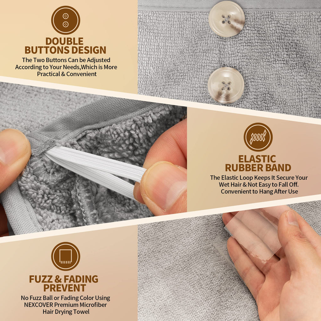 Nexcover Microfiber Hair Towel, 2 Pack (Grey Color) 9.8 Inch X 25.5 Inch Hair Turbans,Ultra Absorbent,Fast Drying Hair Towel Wra