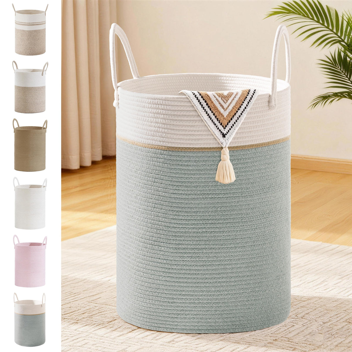 SunNewt 72L Large Tall Cotton Rope Laundry Basket with Handles, Sage Green