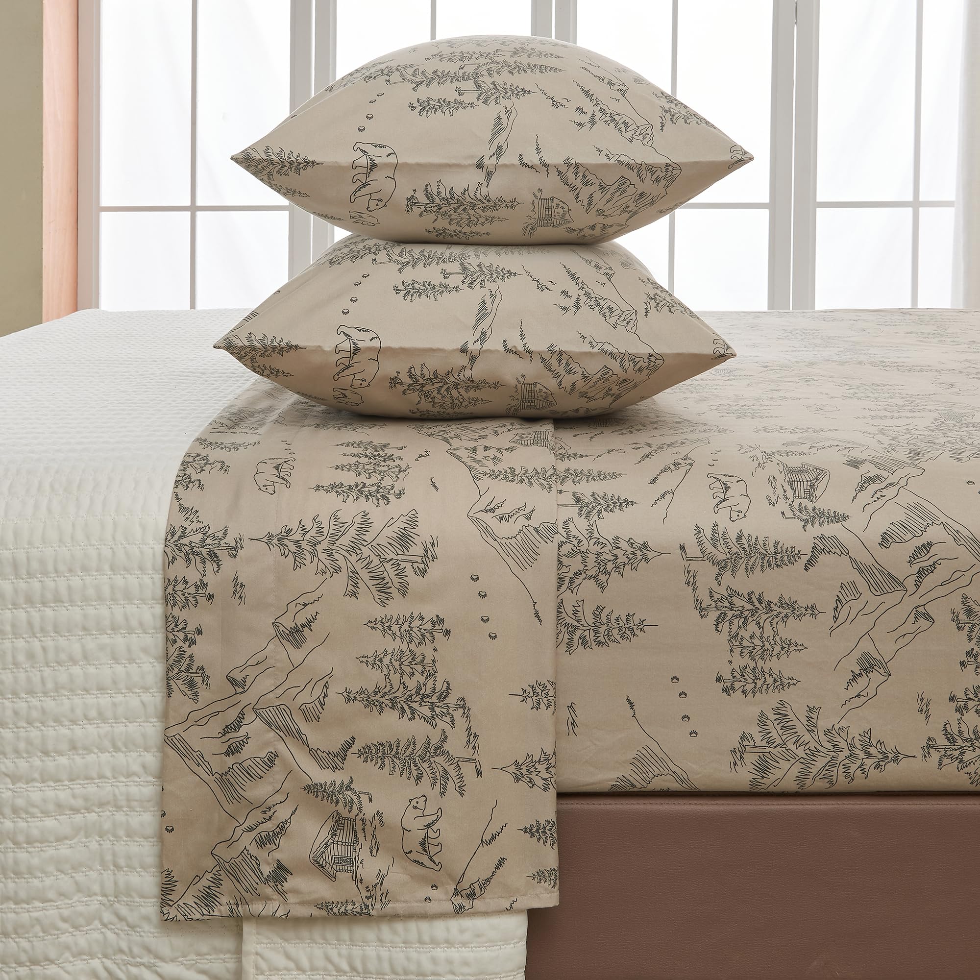Great Bay Home 3-Piece Twin Microfiber Sheet Set Lodge-Printed, Ultra-Soft, Wrinkle & Fade-Resistant Patterns Drawn From Nature All-Season Bedding Sheets & Pillowcases (Twin, Bear Mountain)