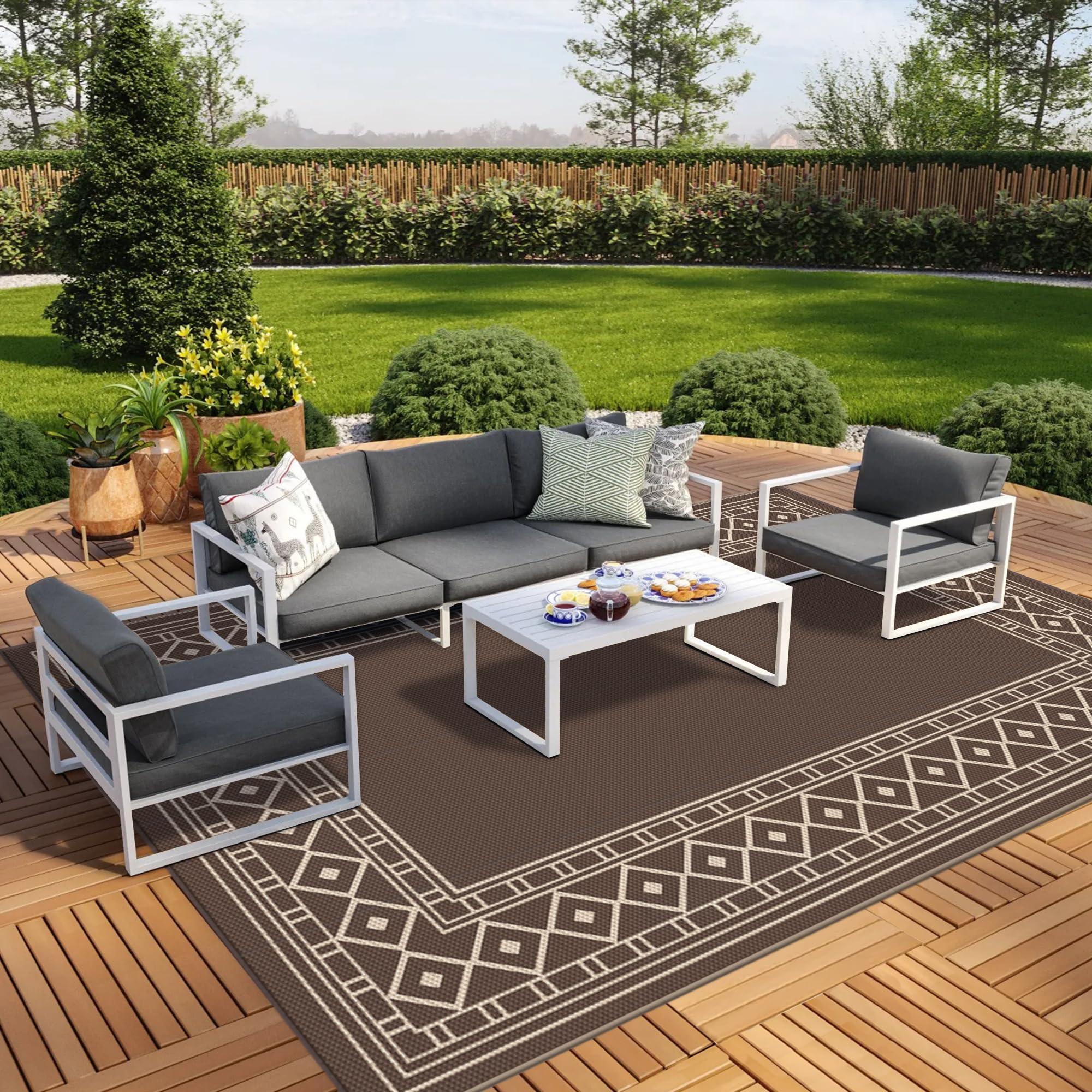 Genimo Outdoor Rug Area Waterproof 10' X 14' For Patio, Foldable Reversible Plastic Straw Carpet For Travel Trailers, Outside Ma