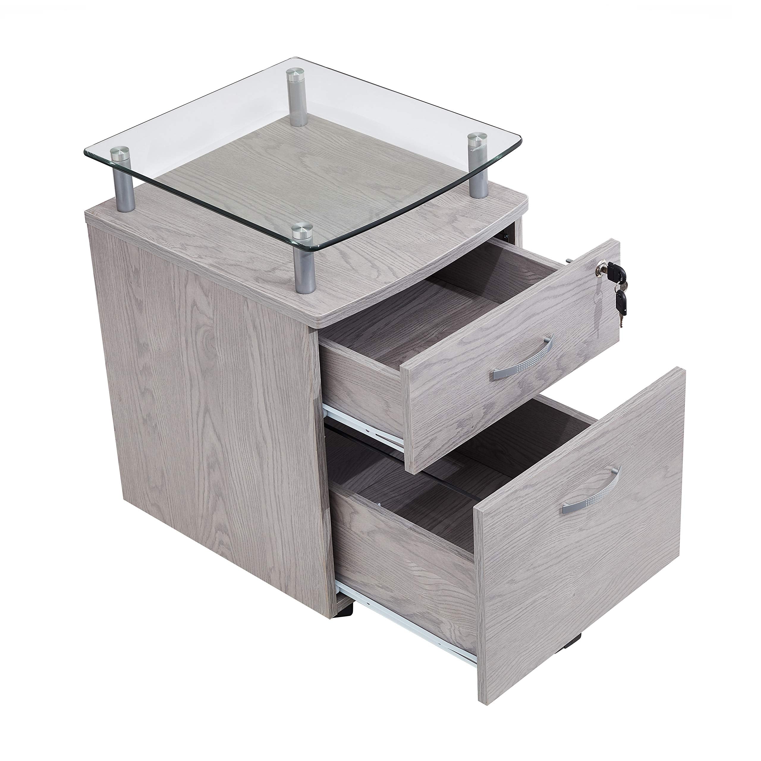 2-Drawer Rolling File Cabinet with Lock and Glass Top