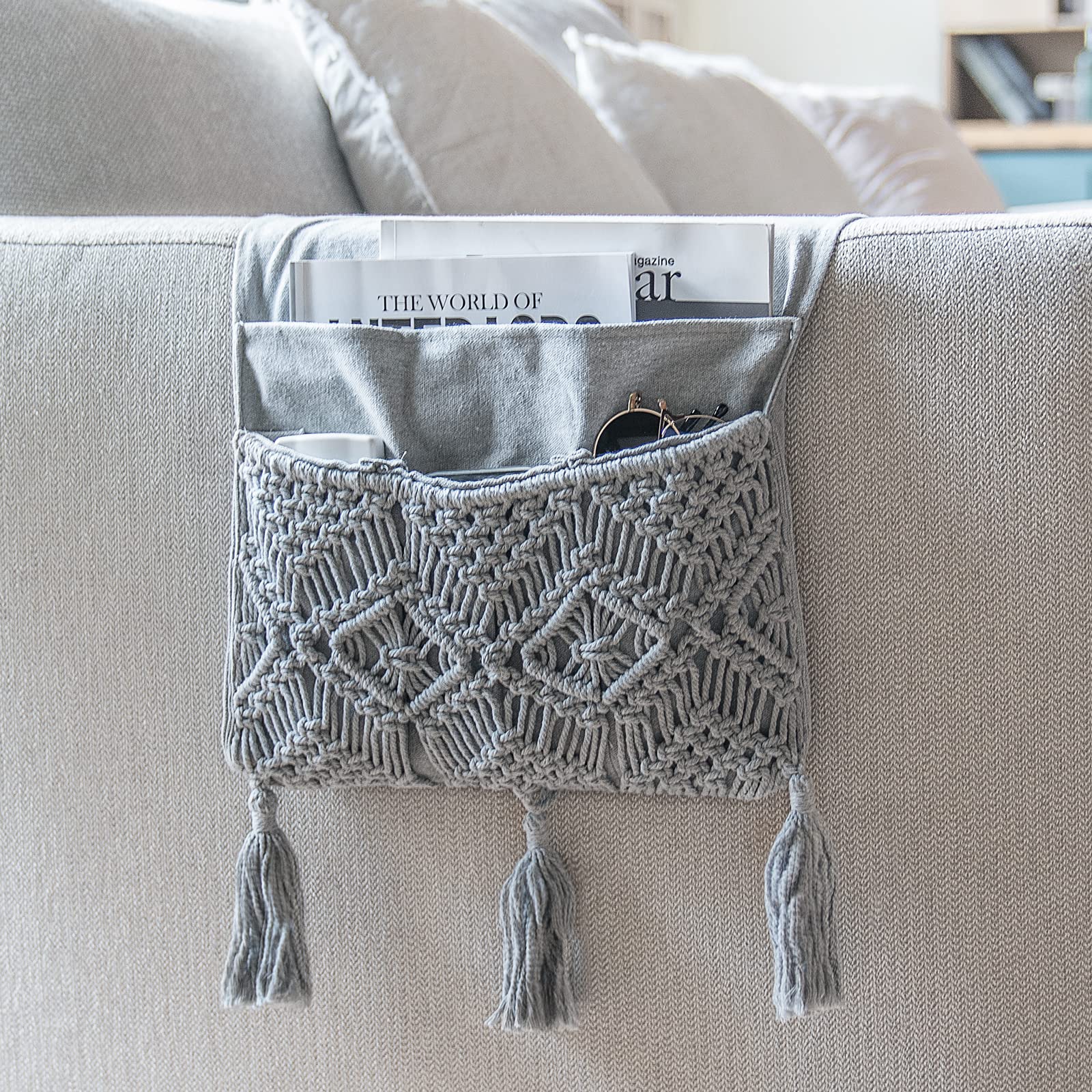 Mkono Macrame Sofa Armrest Organizer Remote Control Holder Magazine Storage Basket Bed Couch Chair Arm Bedside Caddy for TV Remo