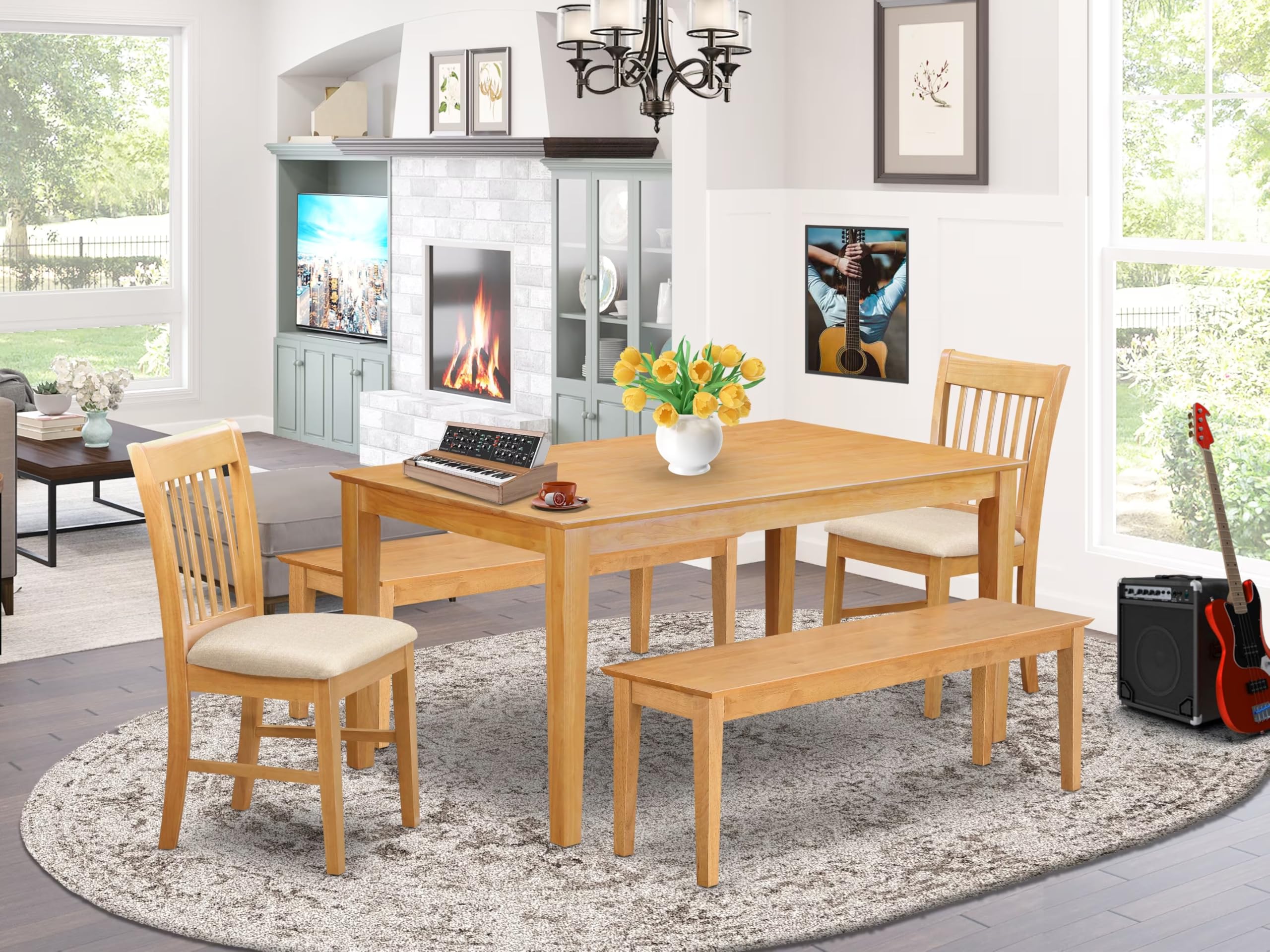 East West Furniture CANO5C-OAK-C 5 Piece Dining Set Includes a Rectangle Dining Room Table and 2 Linen Fabric Kitchen Chairs with 2 Benches, 36x60 Inch, Oak
