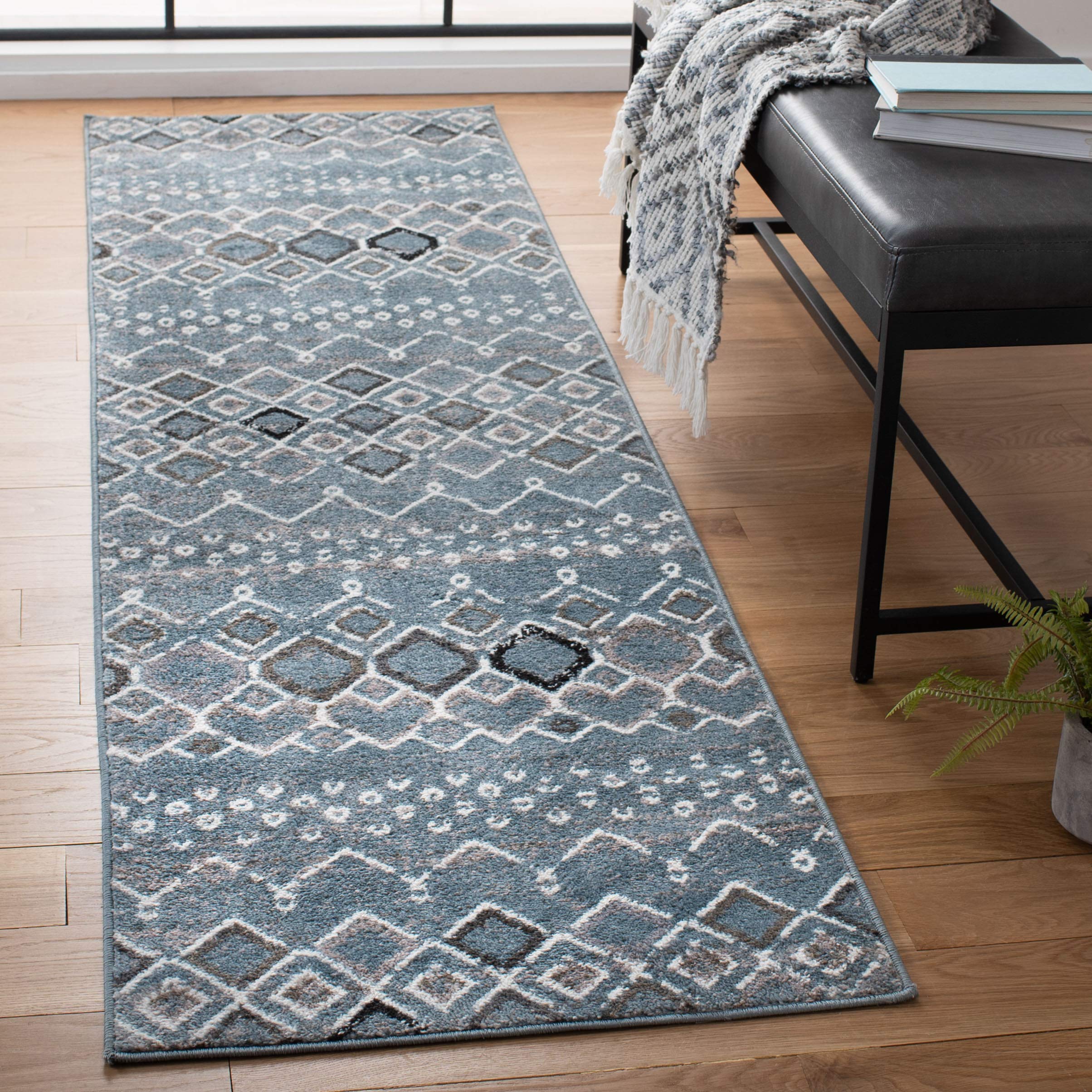 SAFAVIEH Amsterdam Collection Runner Rug - 23 x 14, Blue & Ivory, Moroccan Boho Design, Non-Shedding & Easy Care, Ideal for Hi