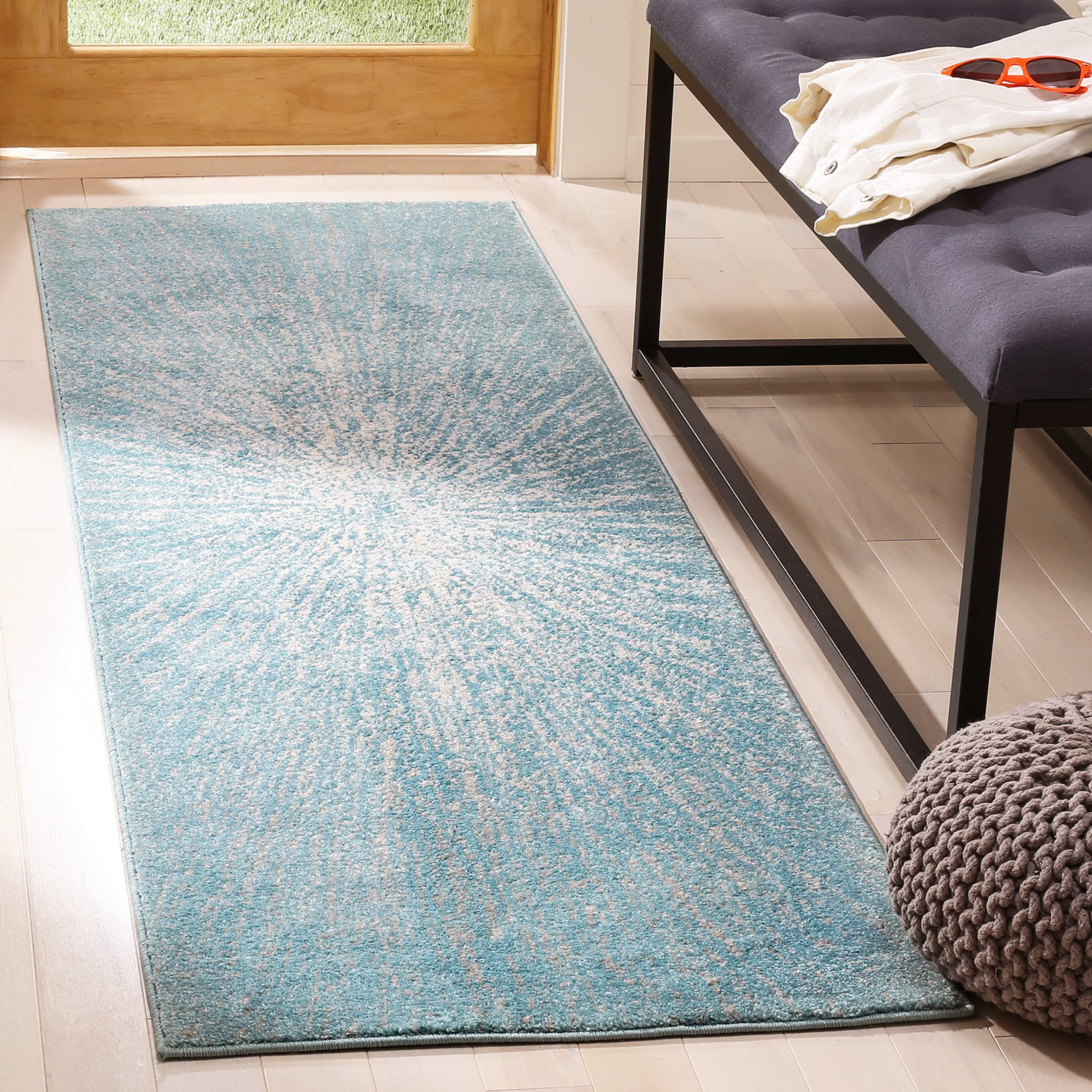 SAFAVIEH Evoke Collection 22 x 9 Aqua / Ivory EVK228J Abstract Burst Non-Shedding Living Room Entryway Foyer Hallway Bedroom R