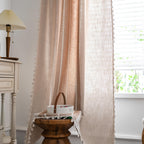 Sutuo Home Boho Curtains 102 Inches For Bedroom Dining Room, Semi Blackout Linen Farmhouse Tassel Window Treatment Bohemian Embroidery Striped Drape, Rod Pocket 1 Panel 52' W X 102' L, Coffee Linen