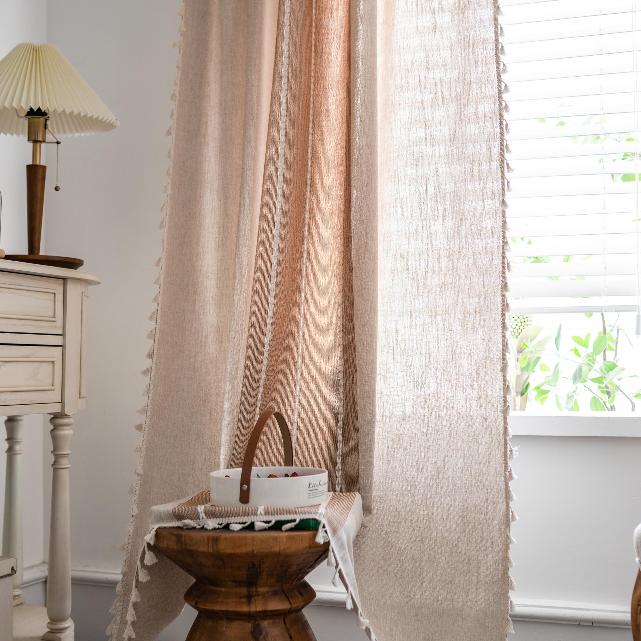 Sutuo Home Boho Curtains 102 Inches For Bedroom Dining Room, Semi Blackout Linen Farmhouse Tassel Window Treatment Bohemian Embroidery Striped Drape, Rod Pocket 1 Panel 52' W X 102' L, Coffee Linen