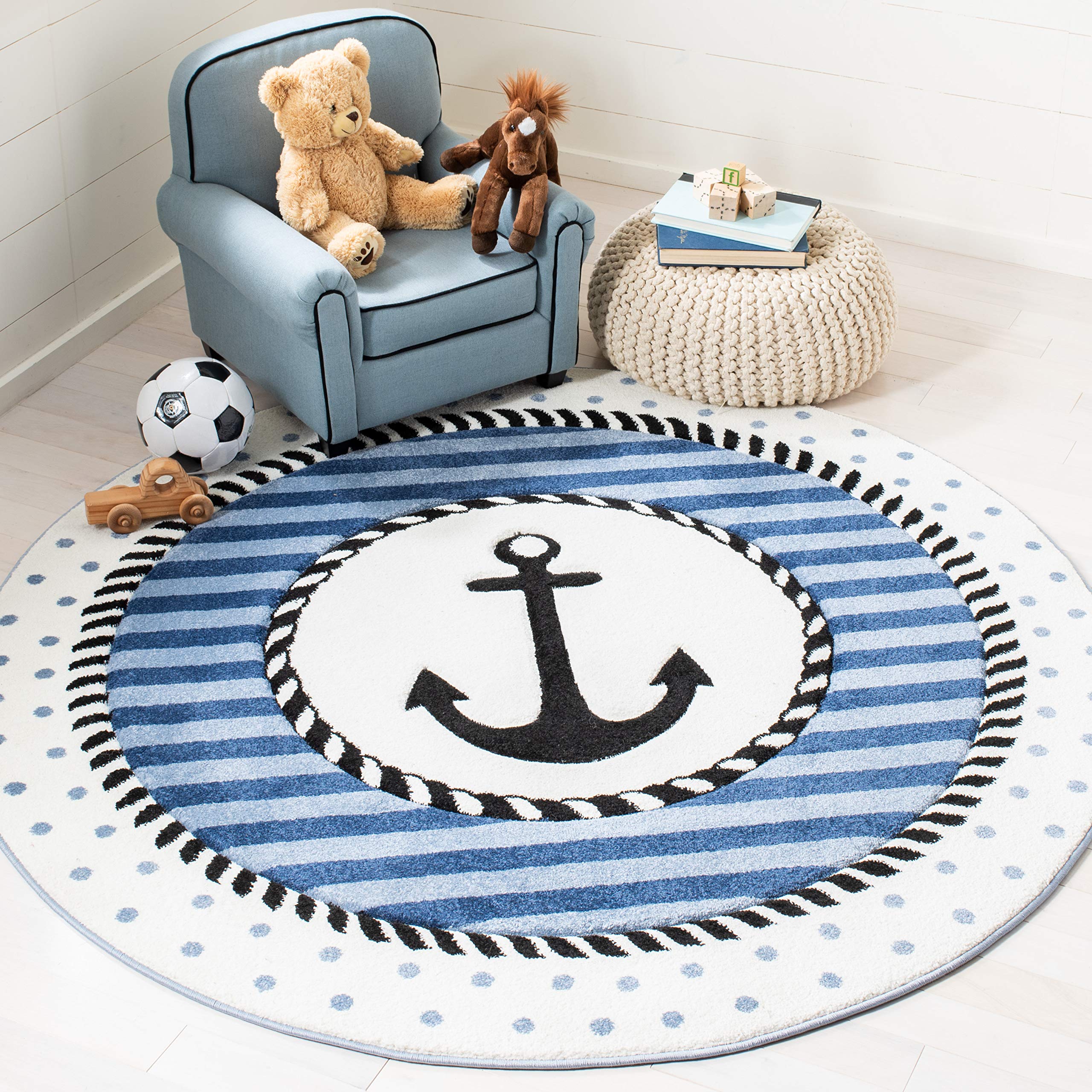 SAFAVIEH Carousel Kids Collection 8 Round Navy/Ivory CRK124N Nautical Anchor Non-Shedding Playroom Nursery Bedroom Area Rug
