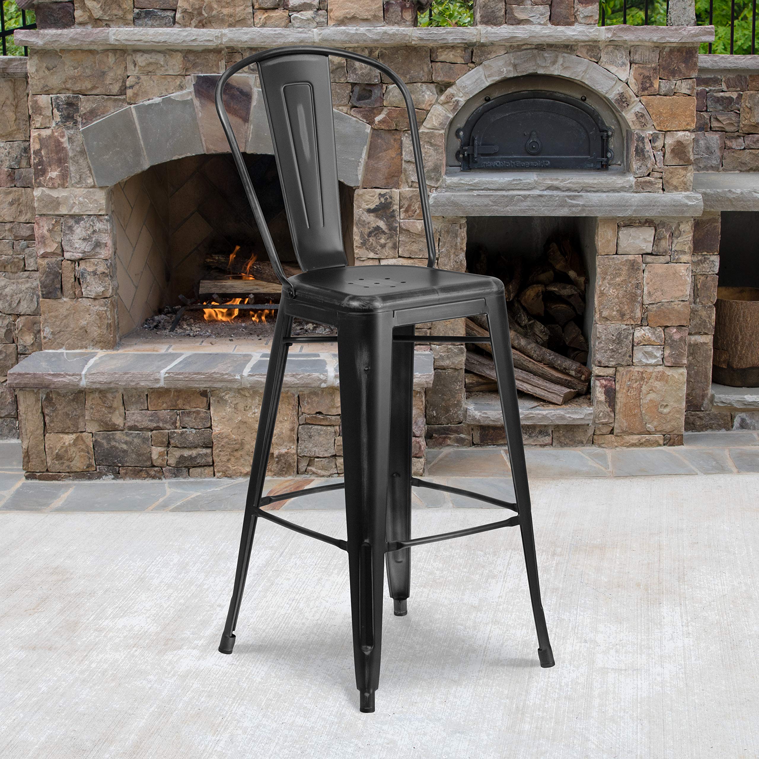 Flash Furniture Commercial Grade 30' High Distressed Black Metal Indoor-Outdoor Barstool With Back