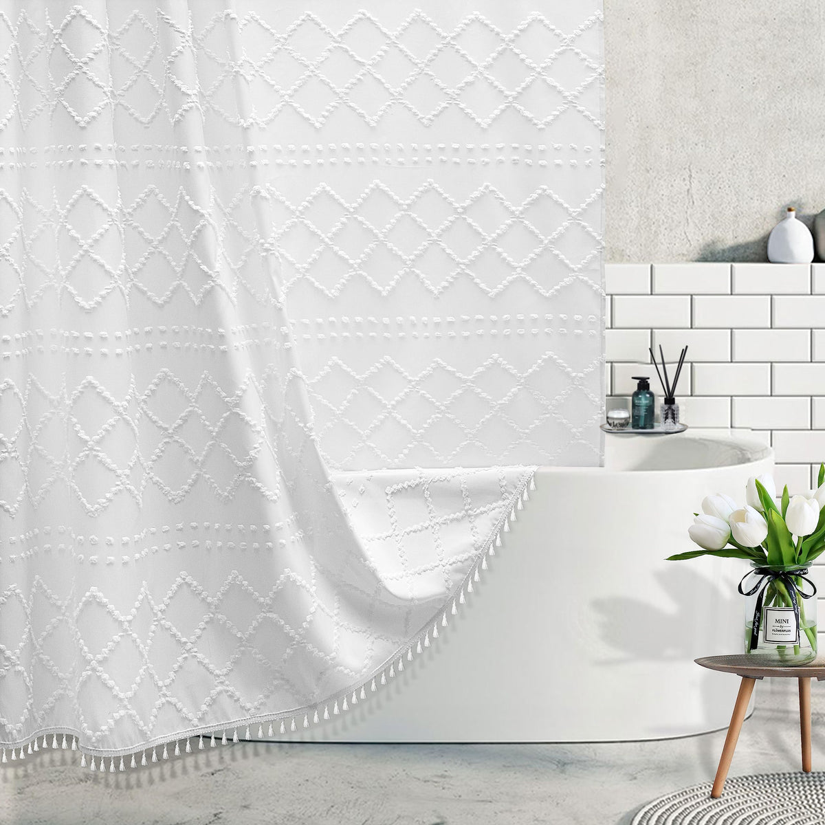 Boho White Woven Fabric Shower Curtain With Tassels 60 X 72 Modern Farmhouse Minimalist, Tufted Chevron Striped Shabby Chic Text