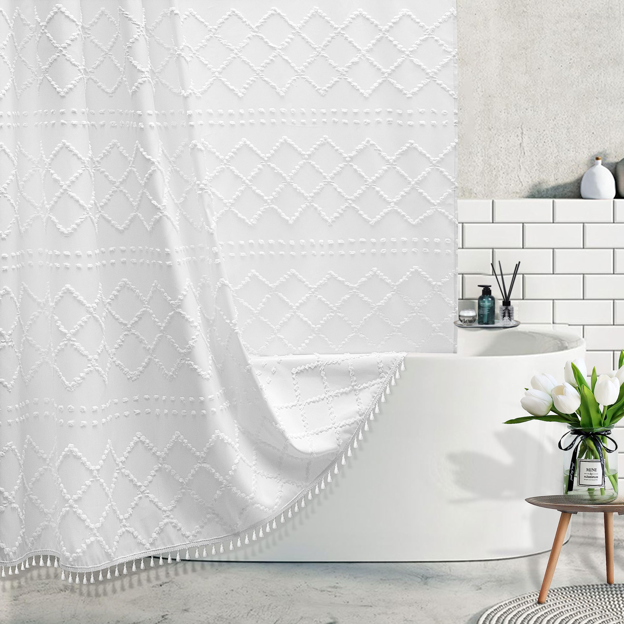 Stall Boho White Woven Fabric Shower Curtain With Tassels 48 X 72 Modern Farmhouse Minimalist Tufted Chevron Striped Shabby Chic