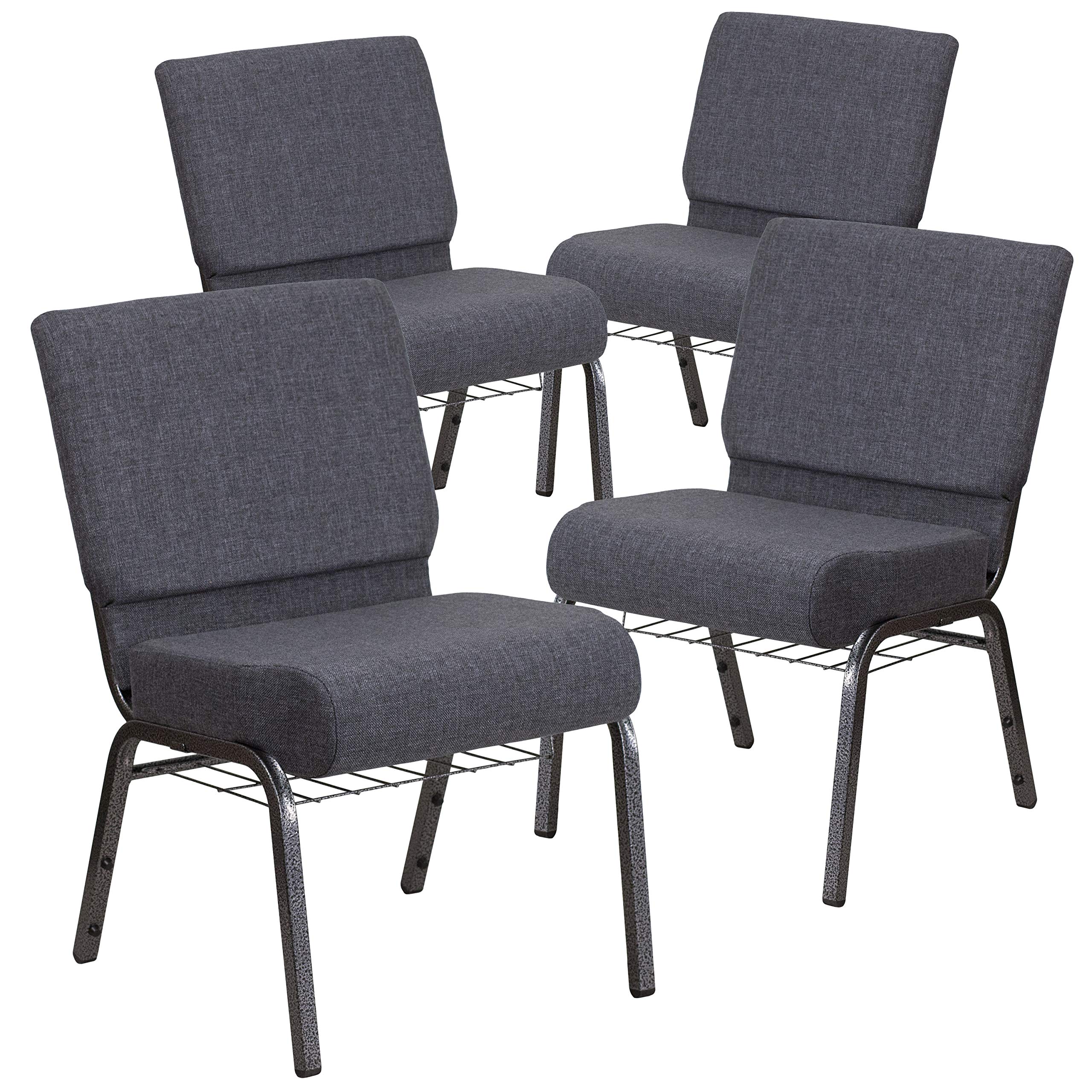 4 Pk. 21 Wide Dark Gray Fabric Church Chair, Book Rack - Silver Vein Frame