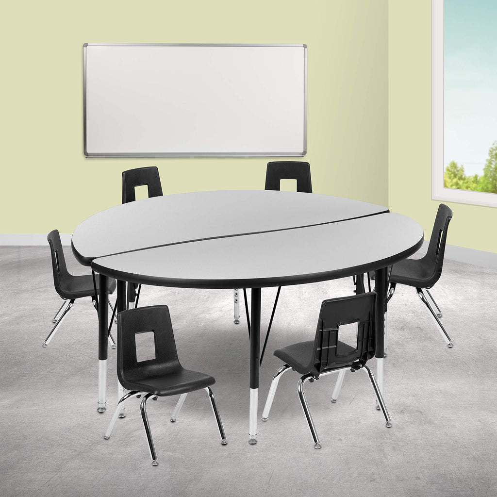 Flash Furniture Emmy 47.5" Circle Wave Flexible Laminate Activity Table Set with 12" Student Stack Chairs, Grey/Black