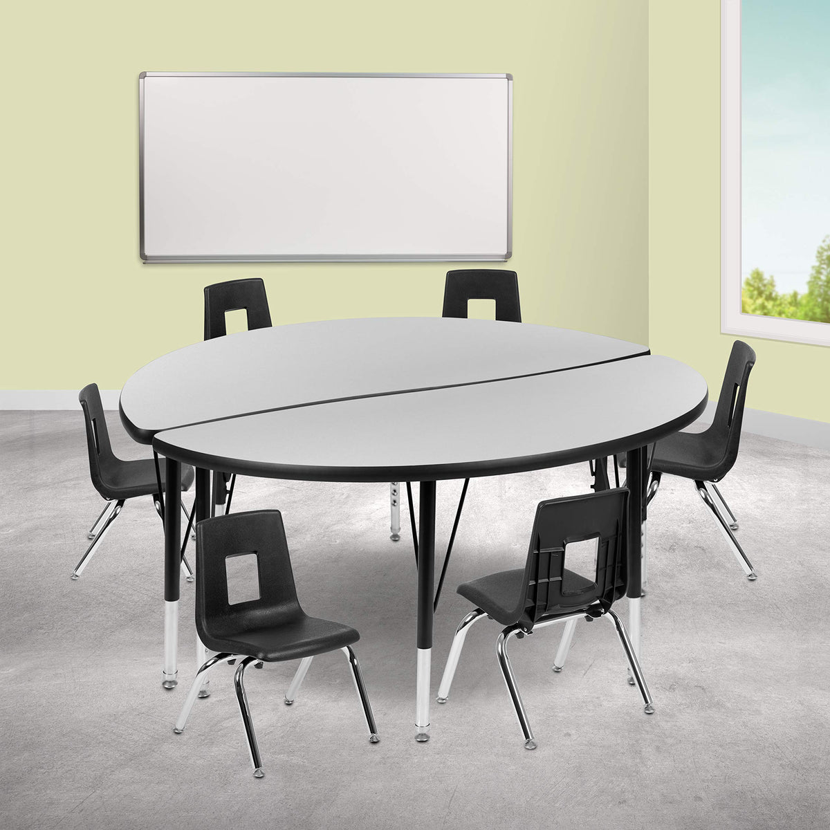 Flash Furniture Emmy 47.5&quot; Circle Wave Flexible Laminate Activity Table Set with 12&quot; Student Stack Chairs, Grey/Black