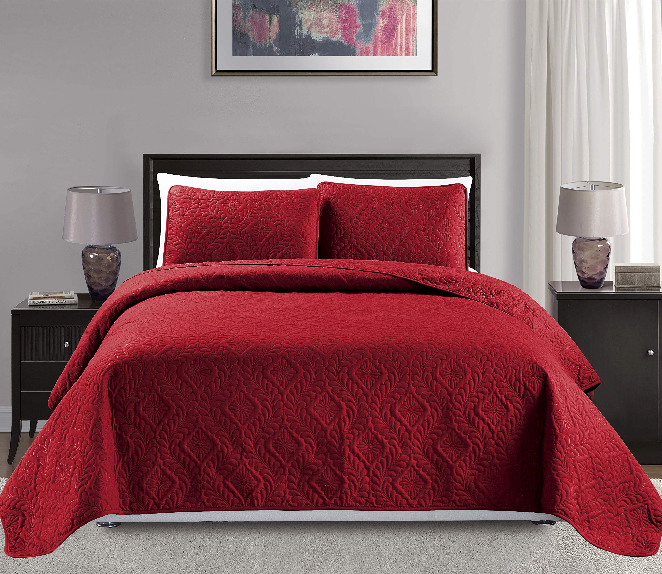 Mk Collection 3Pc Fullqueen Over Size Diamond Bedspread Bed Cover Embossed Solid Red New