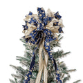 Blue Gold Christmas Tree Topper, 40x13 Inches Toppers Bow with Glitter Satin Mesh Streamer and Patterned Ribbon, Christmas Tree 