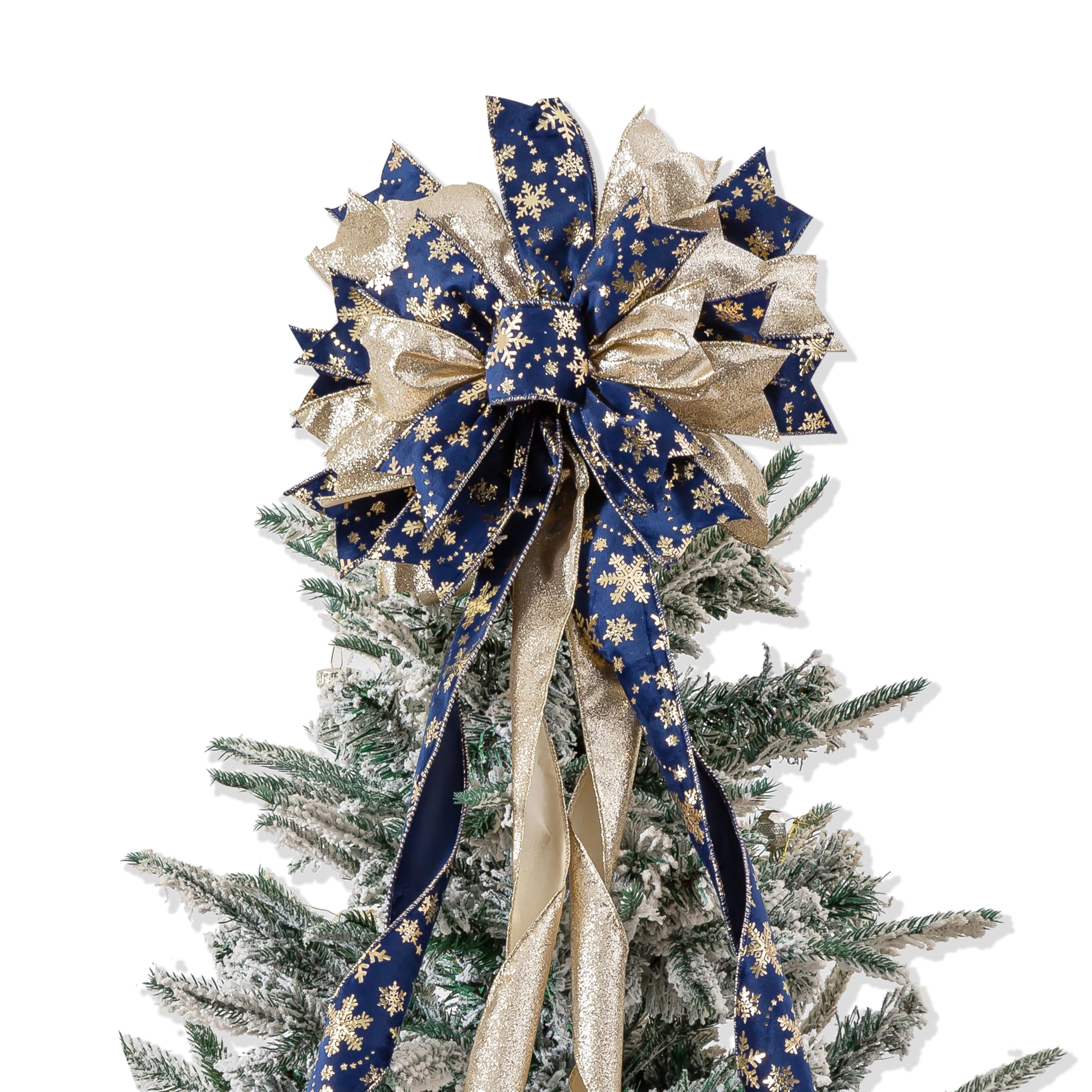 Blue Gold Christmas Tree Topper, 40x13 Inches Toppers Bow with Glitter Satin Mesh Streamer and Patterned Ribbon, Christmas Tree 