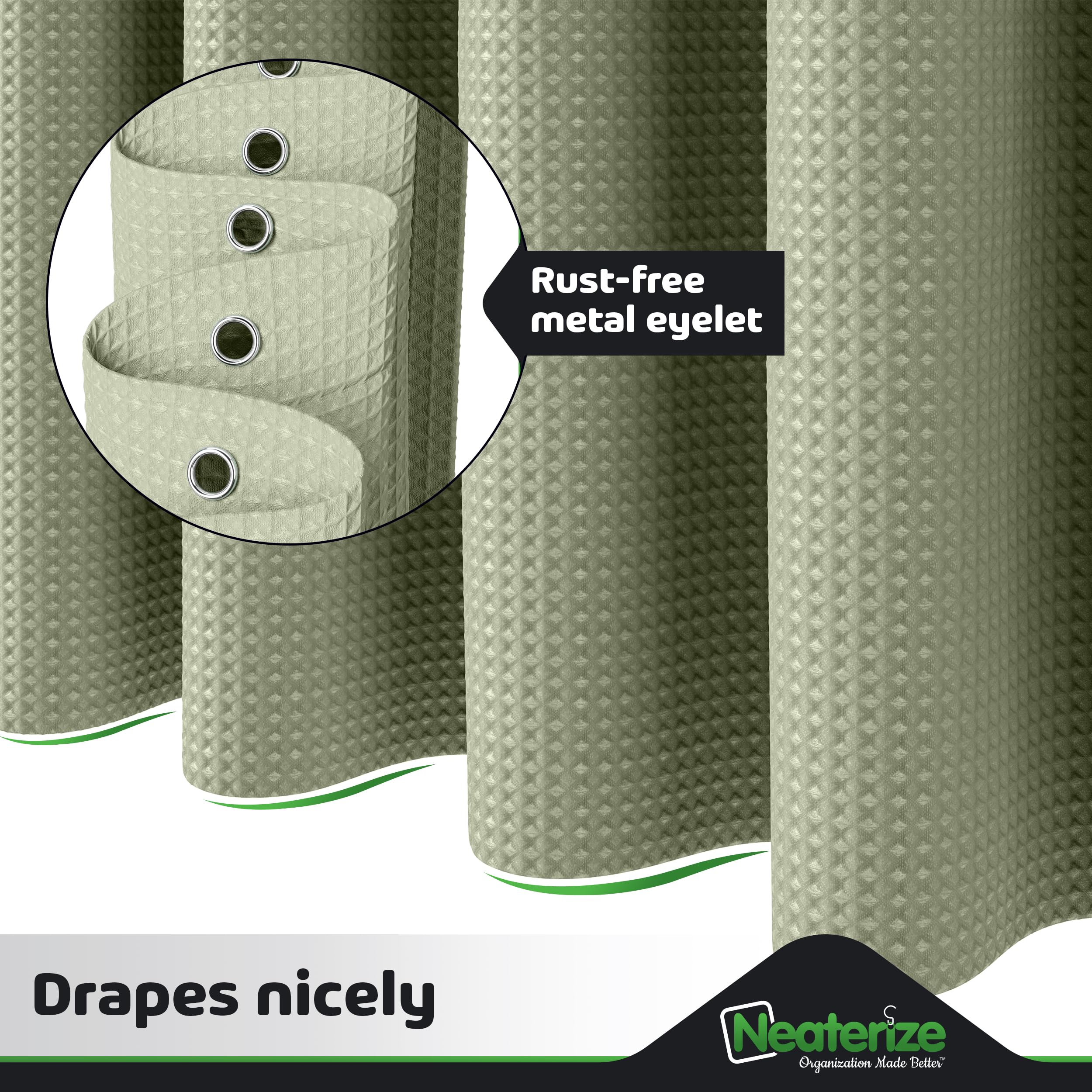 Neaterize Shower Curtain Sage Green - Hotel Style Sage Green Shower Curtains For Bathroom With Waffle Design, 72X78 Inches - Fab