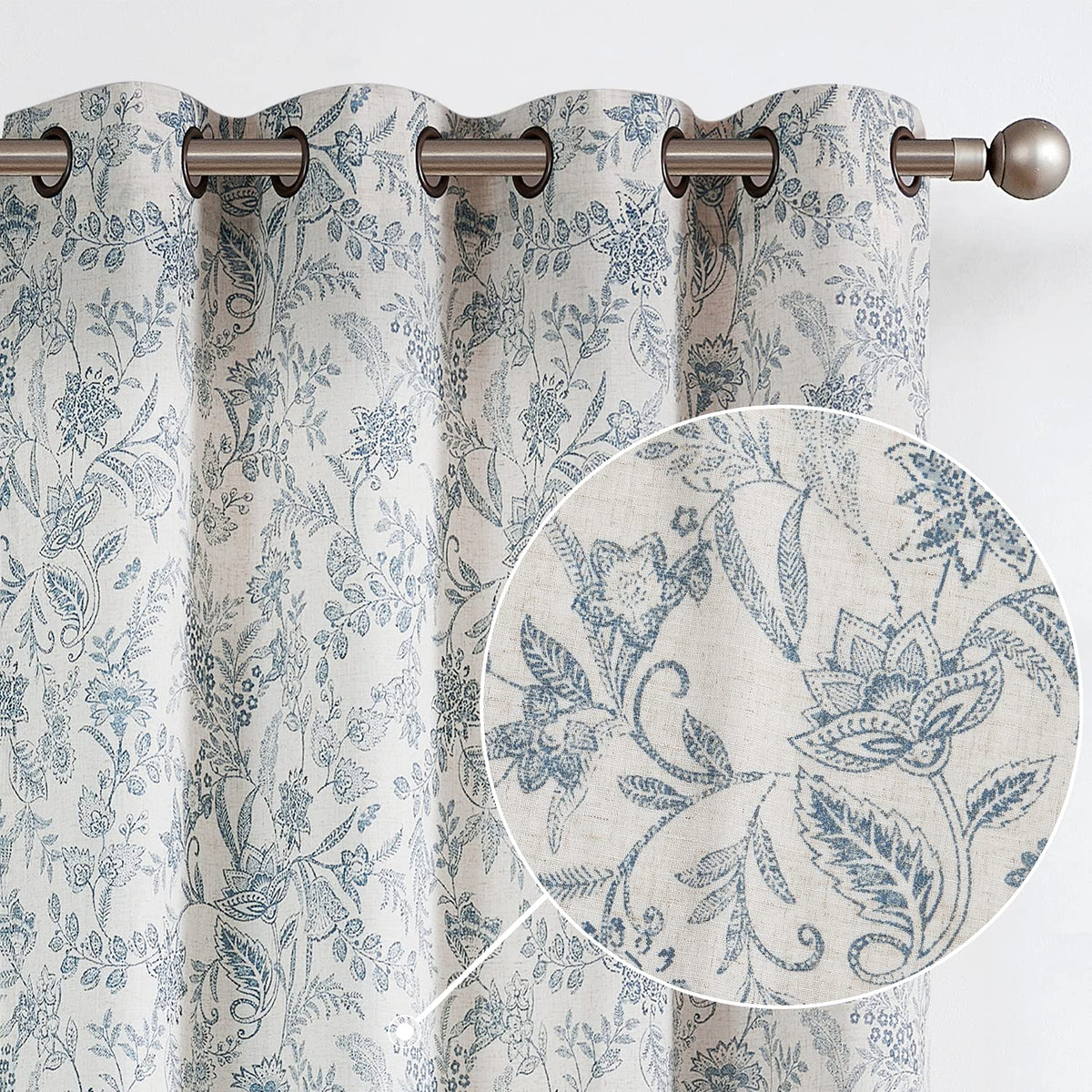 Lazzzy Linen Farmhouse Curtains For Living Room 96 Inch Length Floral Print Window Curtains Semi Sheer Drapes For Bedroom Countr