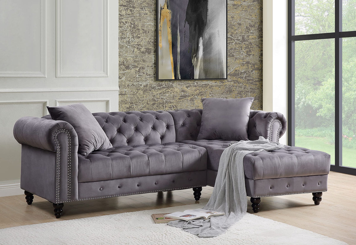 Acme Adnelis Sectional Sofa with 2 Pillows in Gray Velvet