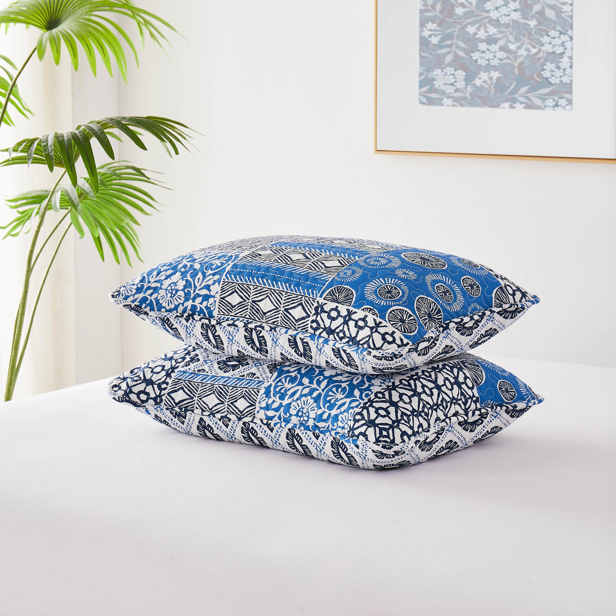 Southshore Fine Living, Inc. Global Patchwork Blue Pillow Covers Standard Size 20'X26', Quilted Pillow Shams Queen Size Set Of
