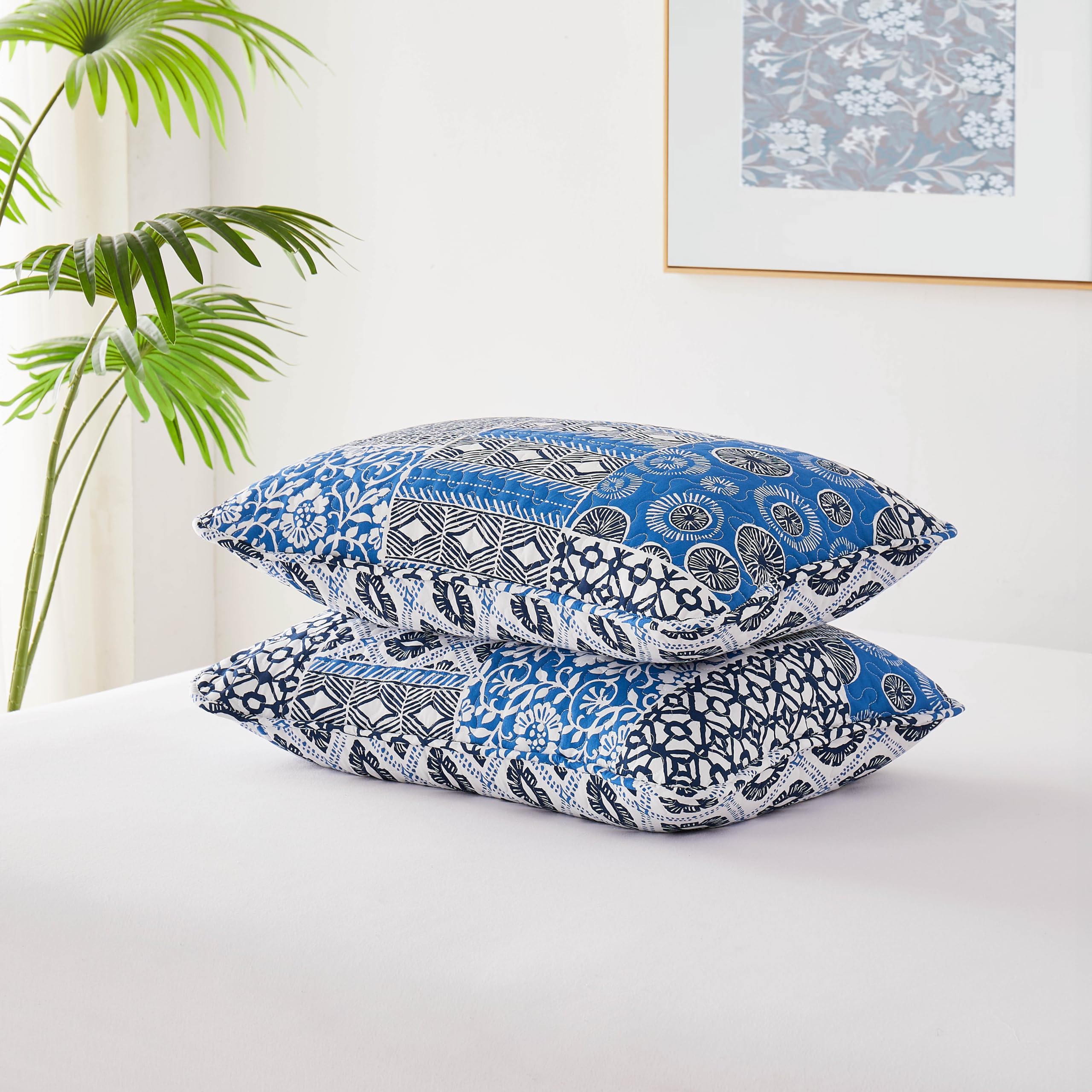 Southshore Fine Living, Inc. King Pillow Shams Set Of 2, Large 20'X36' Global Patchwork Blue Pillow Covers King Size, Quilted
