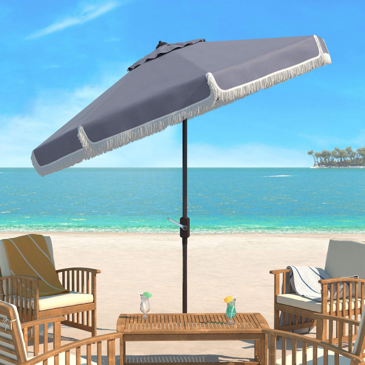 Safavieh Pat8008B Collection Milan Fringe Grey And White 9Ft Crank Outdoor Push Button Tilt Umbrella