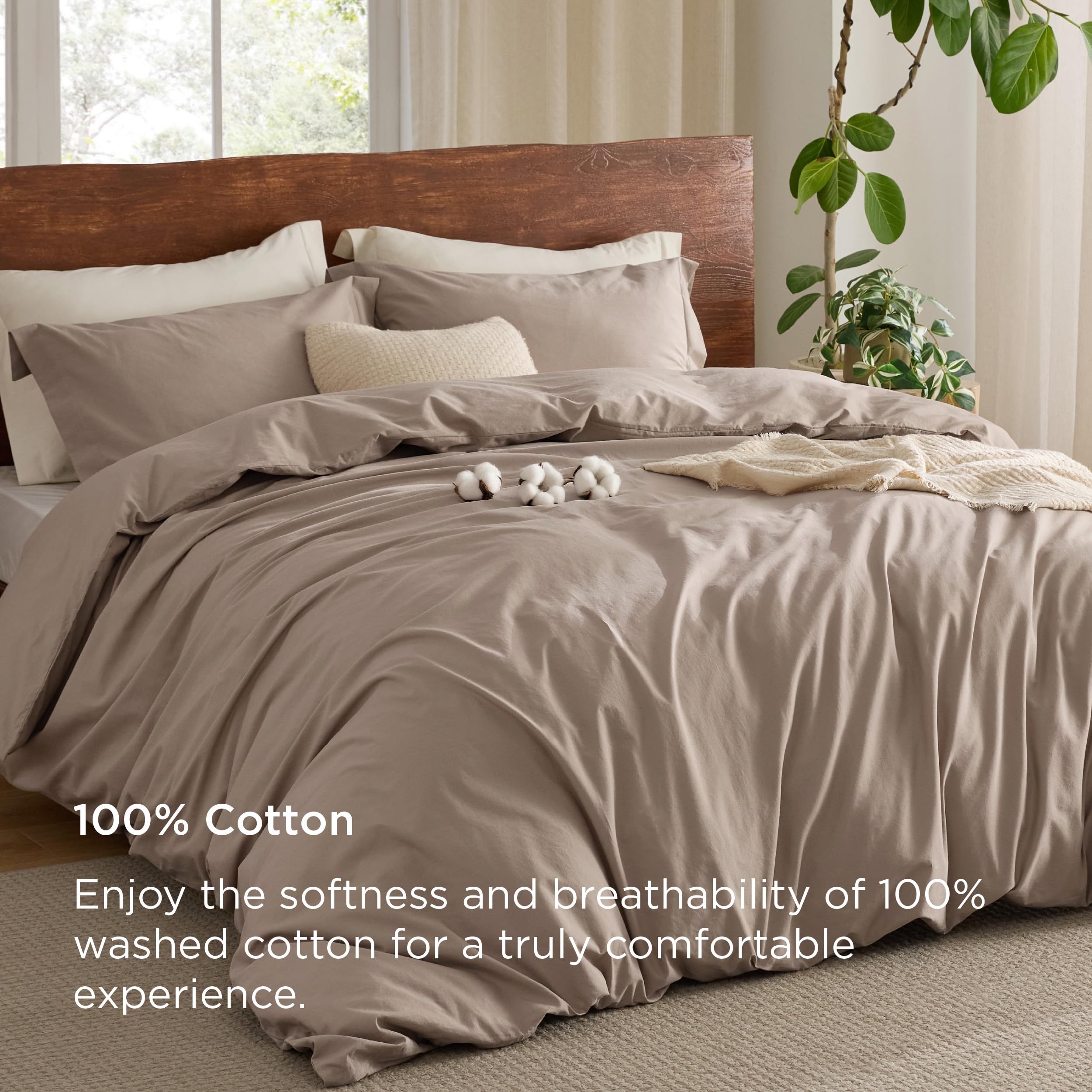 Bedsure 100% Washed Cotton Duvet Cover Queen - Taupe Minimalist Cotton Duvet Cover Set Linen Like - 3 Pieces Gentlesoft™ Plain Simple Bedding Set With 2 Pillow Shams (Taupe, Queen, 90'X90')