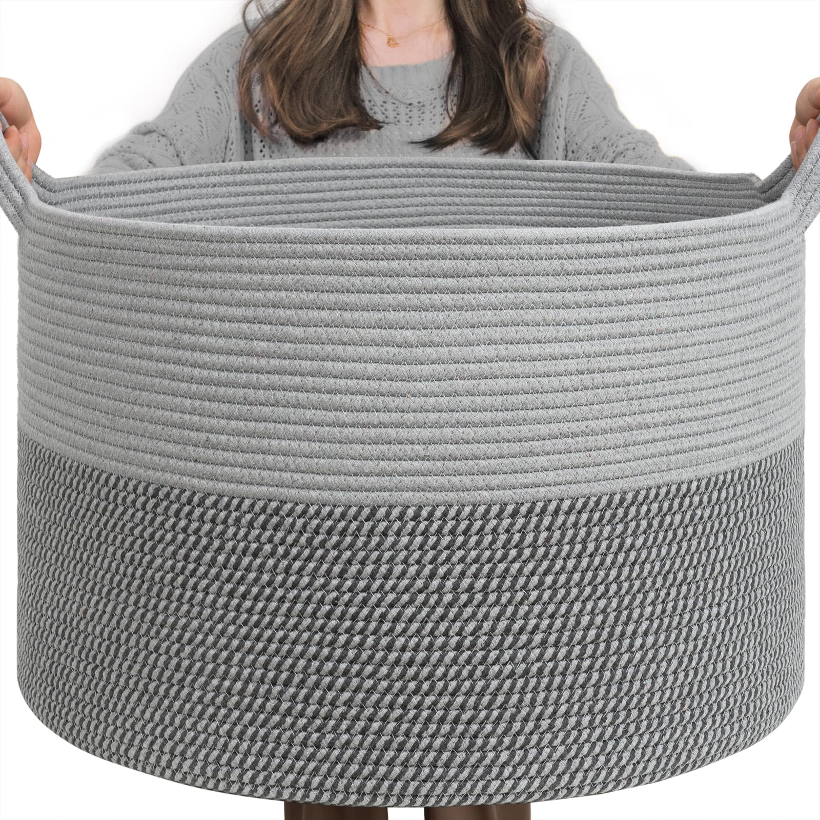 INDRESSME Extra Large Laundry Basket, Cotton Rope Blanket Basket for Nursery Living Room, Decorative Woven Storage Basket with H