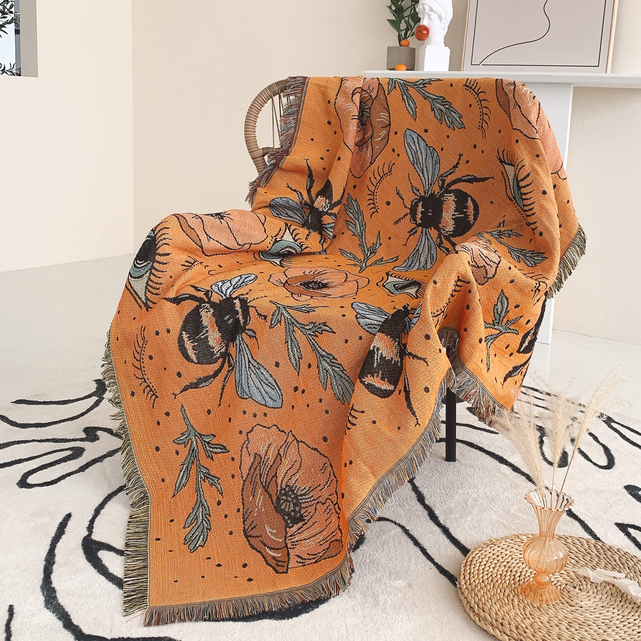 Shesyuki Boho Throw Blanket Reversible Cotton Bohemian Tapestry Hippie Room Decor Double Sided (Boho Bee Yelow 50'X60')