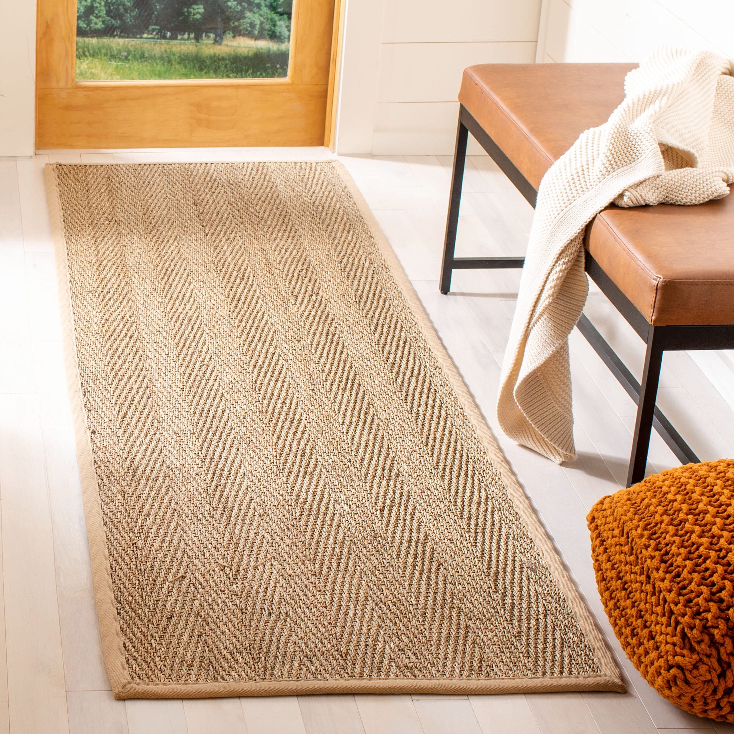 Safavieh Natural Fiber Collection Runner Rug - 26 x 16, Natural & Beige, Border Herringbone Seagrass Design, Easy Care, Ideal 