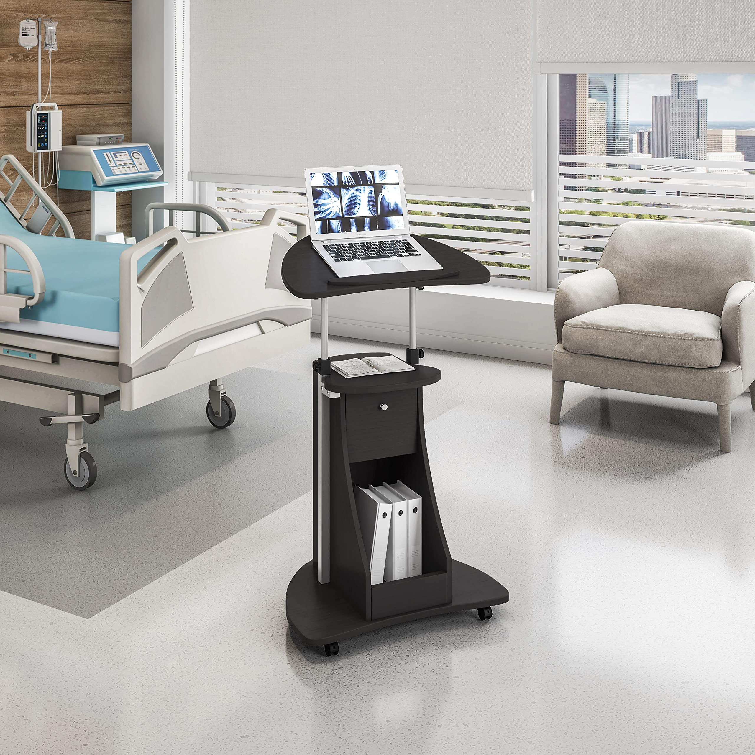 Techni Mobili Sit-to-Stand Mobile Medical Laptop Computer Cart, Black, Adjustable Height, B005